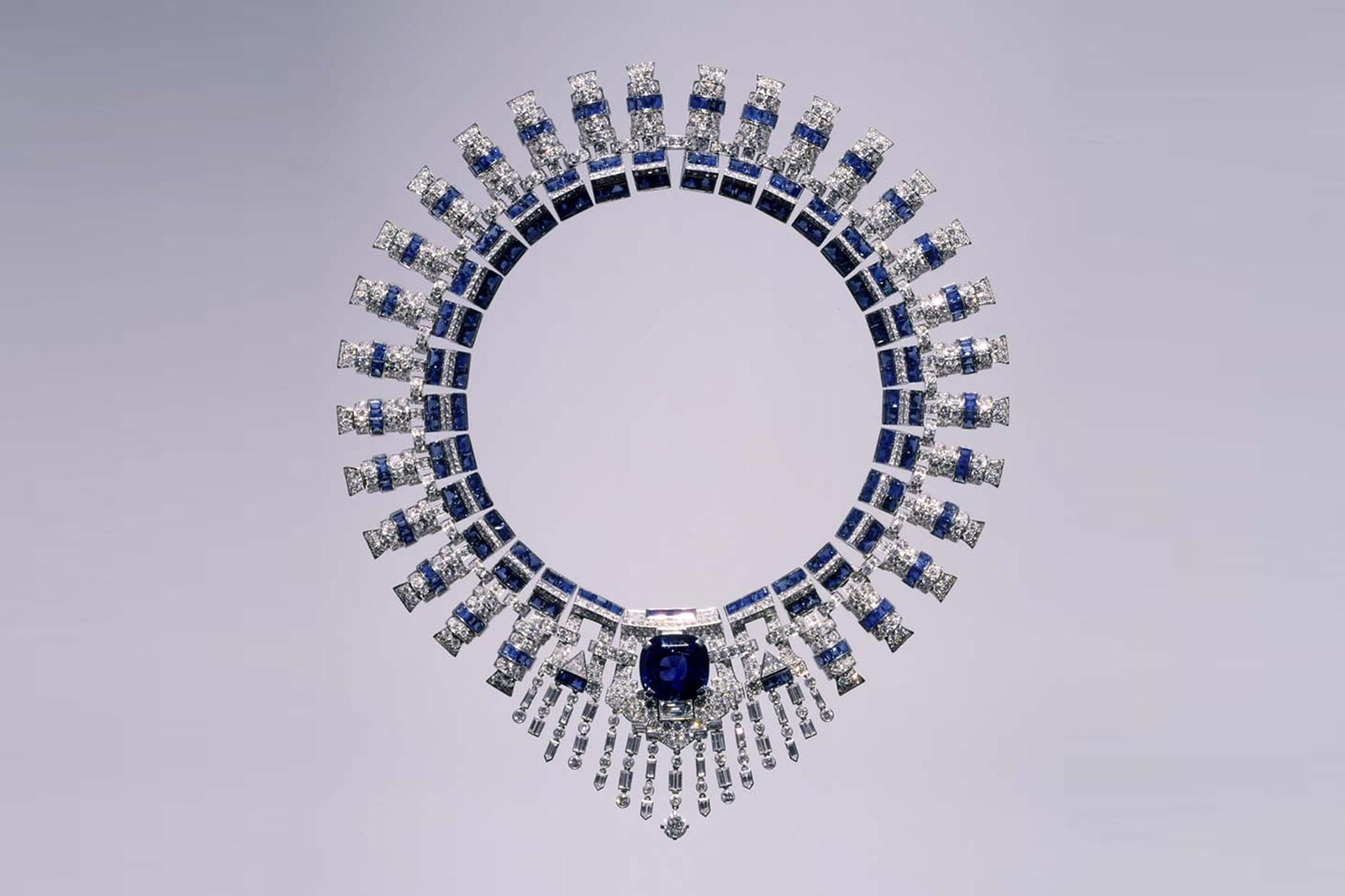 Previously owned by Marjorie Merriweather Post, this sapphire and diamond necklace by Cartier,  circa 1936/7, is convertible into a tiara