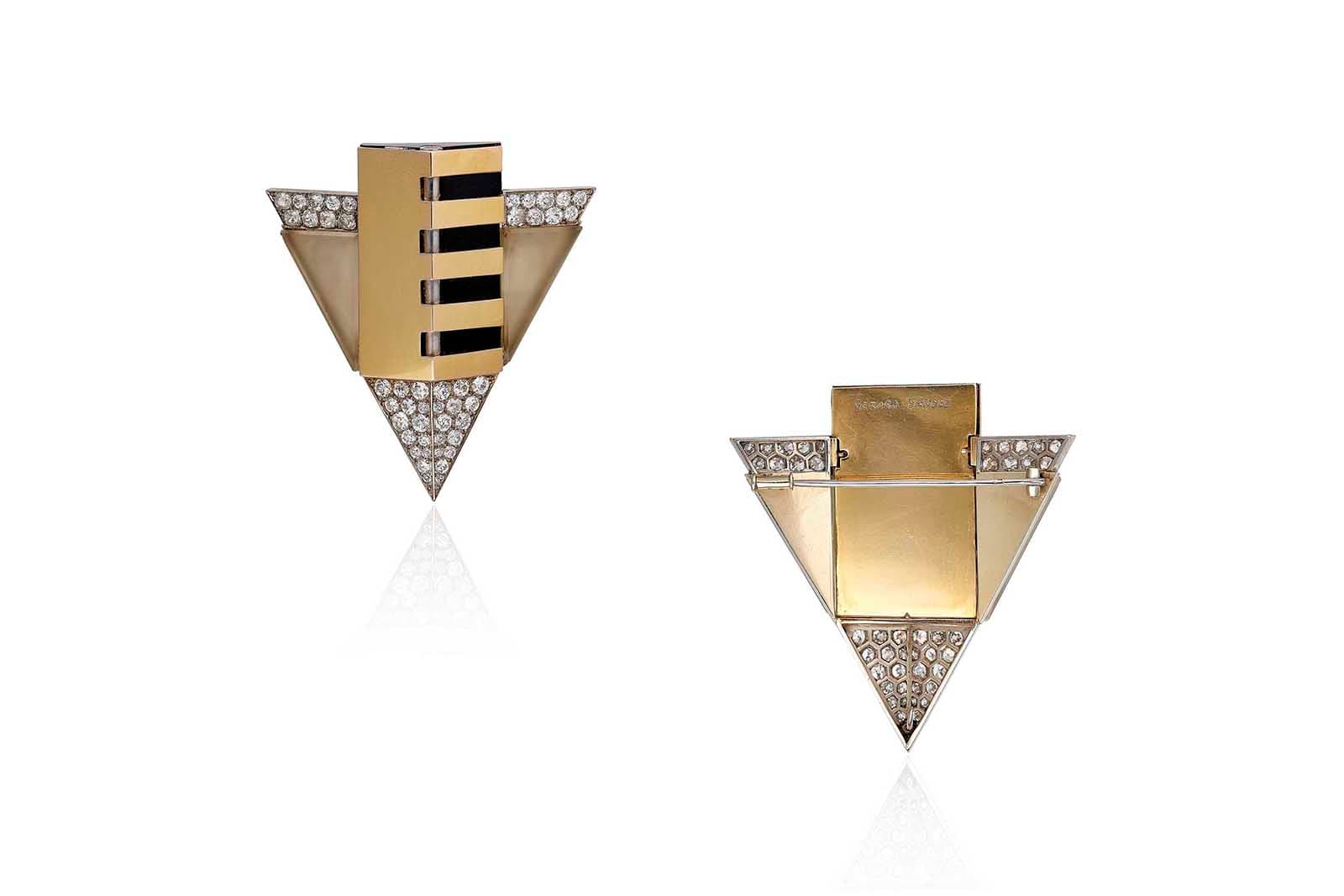  Gérard Sandoz Art Deco diamond, onyx and rock crystal brooch, 1928. Courtesy of Christies