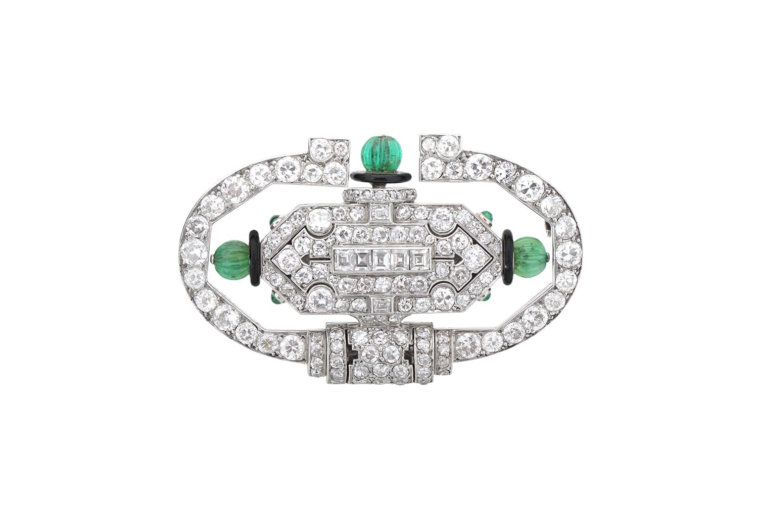  Lacloche Frères Art Deco diamond, emerald and enamel lapel watch, circa 1925
