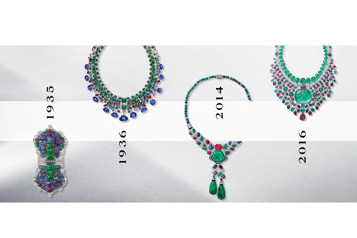 Carved gems, found by Jean-Jacques Cartier during his trip to India in 1911 and in the caskets of the Maharaja Bhupinder Singh, inspired Cartier's iconic Tutti Frutti jewels - a style that endures today