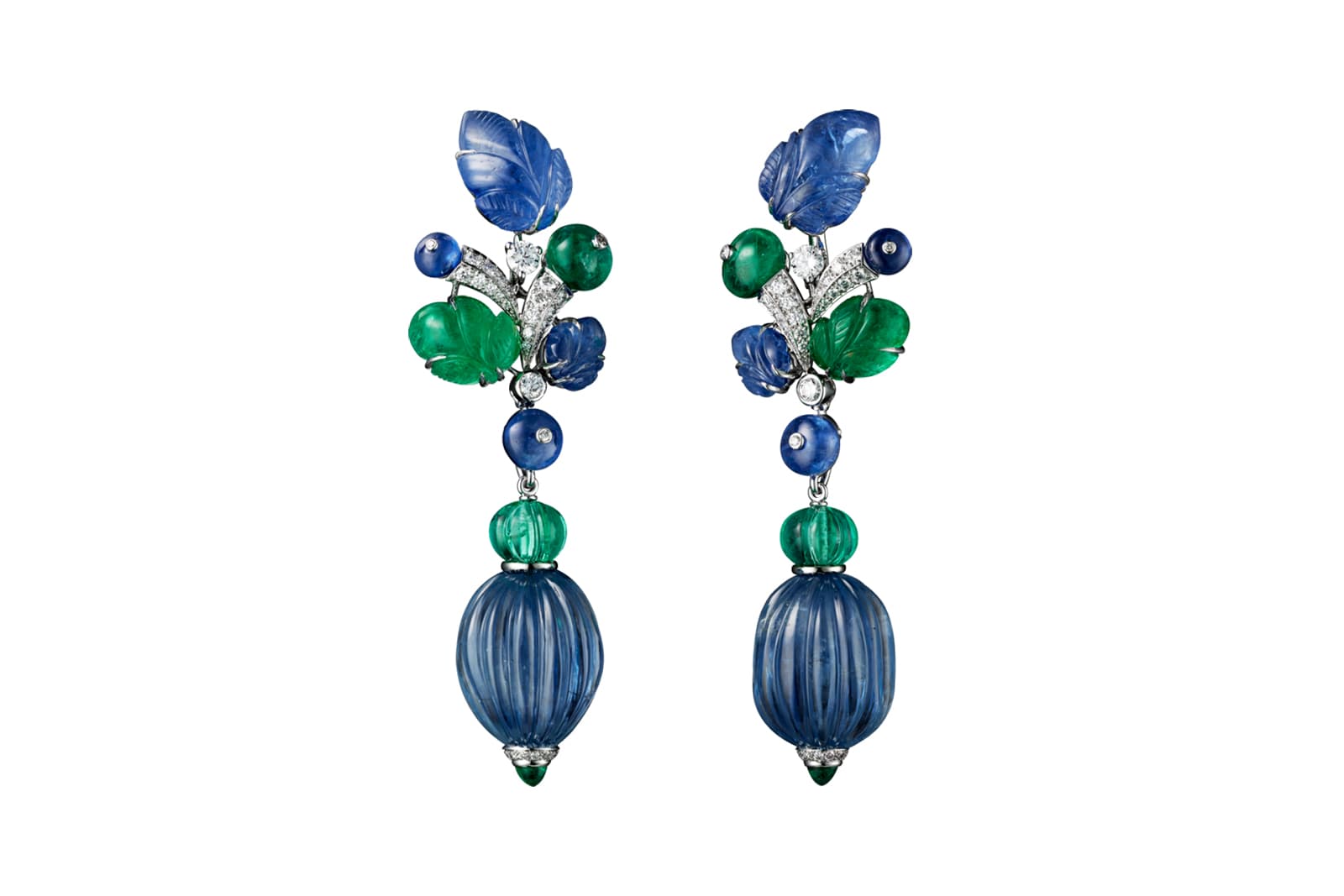  Cartier Tutti Frutti earrings set with two removable carved sapphire beads from Burma totalling 55.17 carats