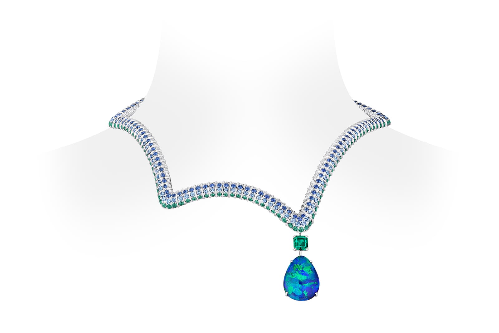  The asymmetrical Céleste necklace stars a mysterious black opal