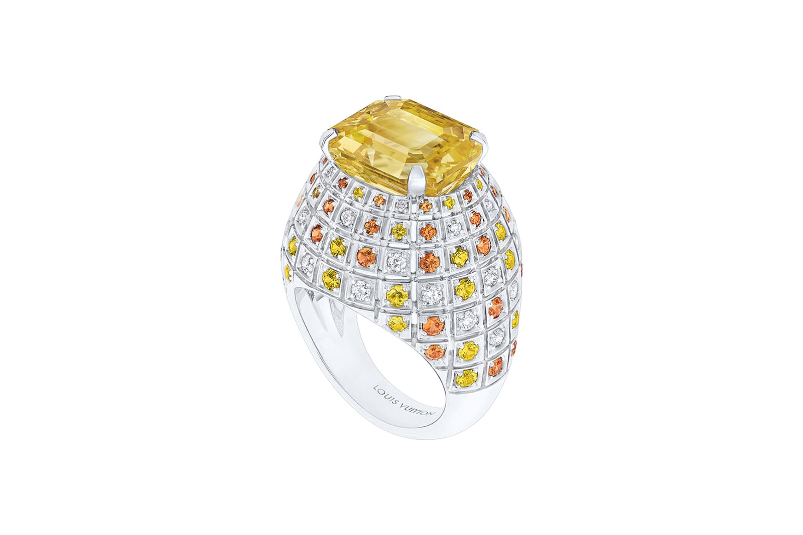  Louis Vuitton Stellar Times Soleils ring, set with a 13.84 carat emerald-cut yellow sapphire, spessartite garnets, yellow sapphires and diamonds