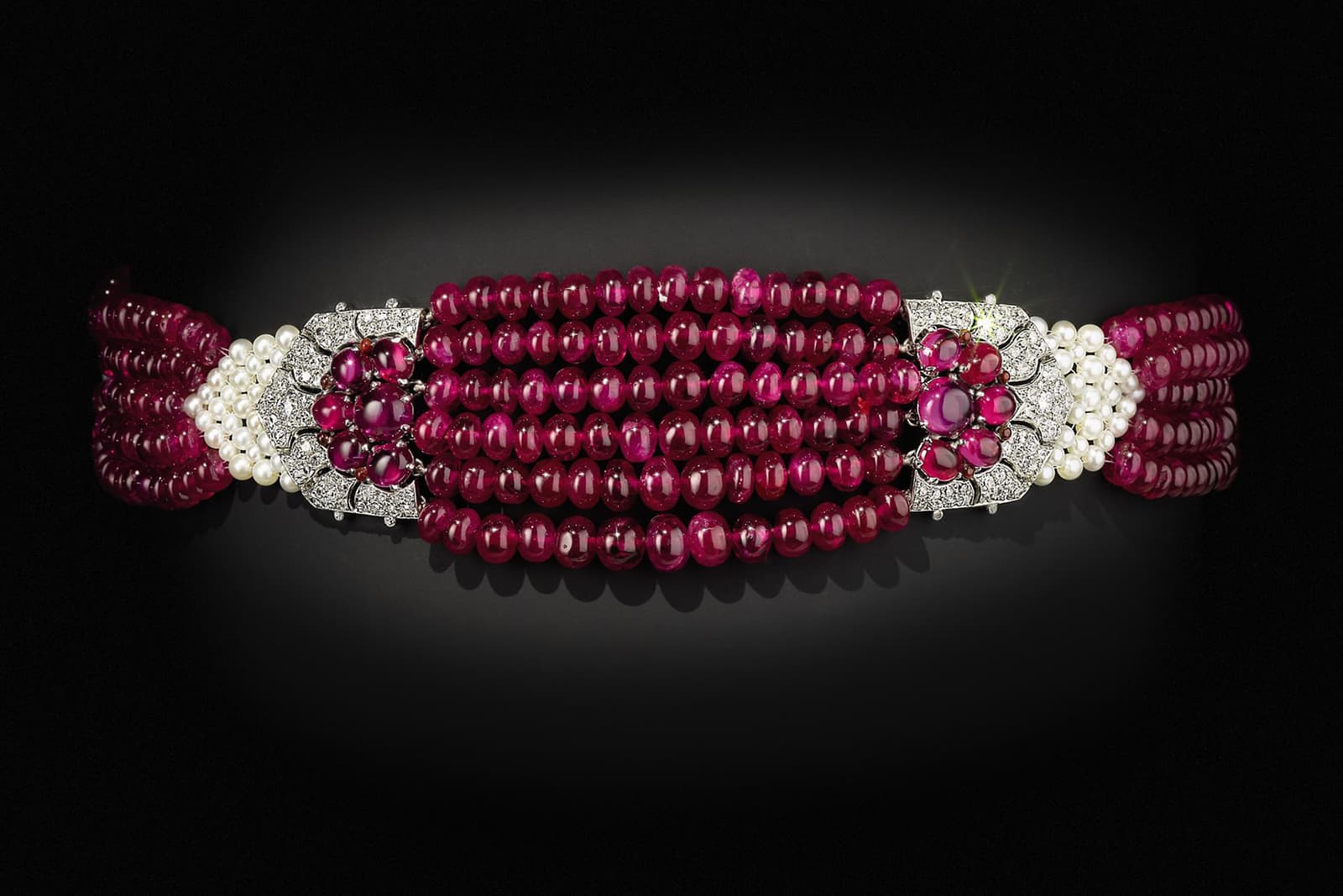 The Art Deco Patiala ruby choker made by Cartier for Maharani Yagoda Devi, one of the Maharaja's wives, in 1931