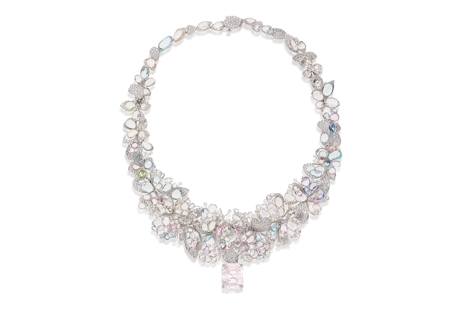 Feng J’s Jardin de Giverny necklace is set with rose-cut sapphires, spinels, tanzanites and tsavorites in pale shades of blue, purple, rose and green alongside a spectacular centrepiece: a rare 19 carat fancy cut light pink diamond