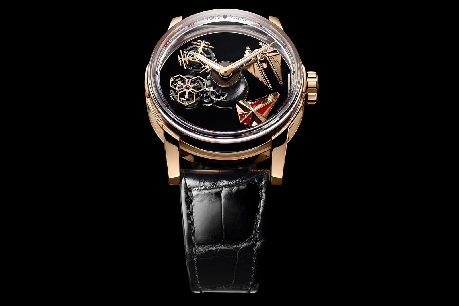  A limited edition of eight, the dial features two spaceships that cross paths 18 times an hour 