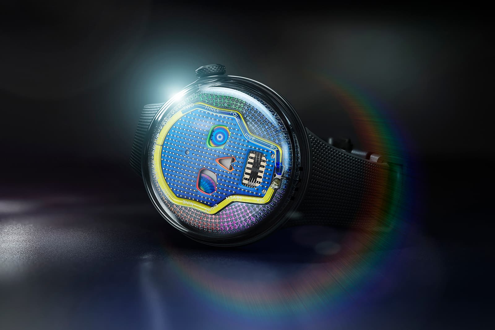 The dial features a skull with psychedelic eye sockets – the power reserve and seconds indicator, respectively