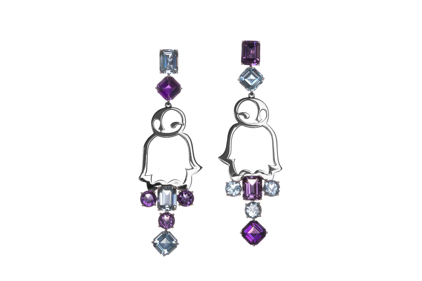  Vanessa Martinelli Favola Penguin earrings with amethysts and blue topaz in silver