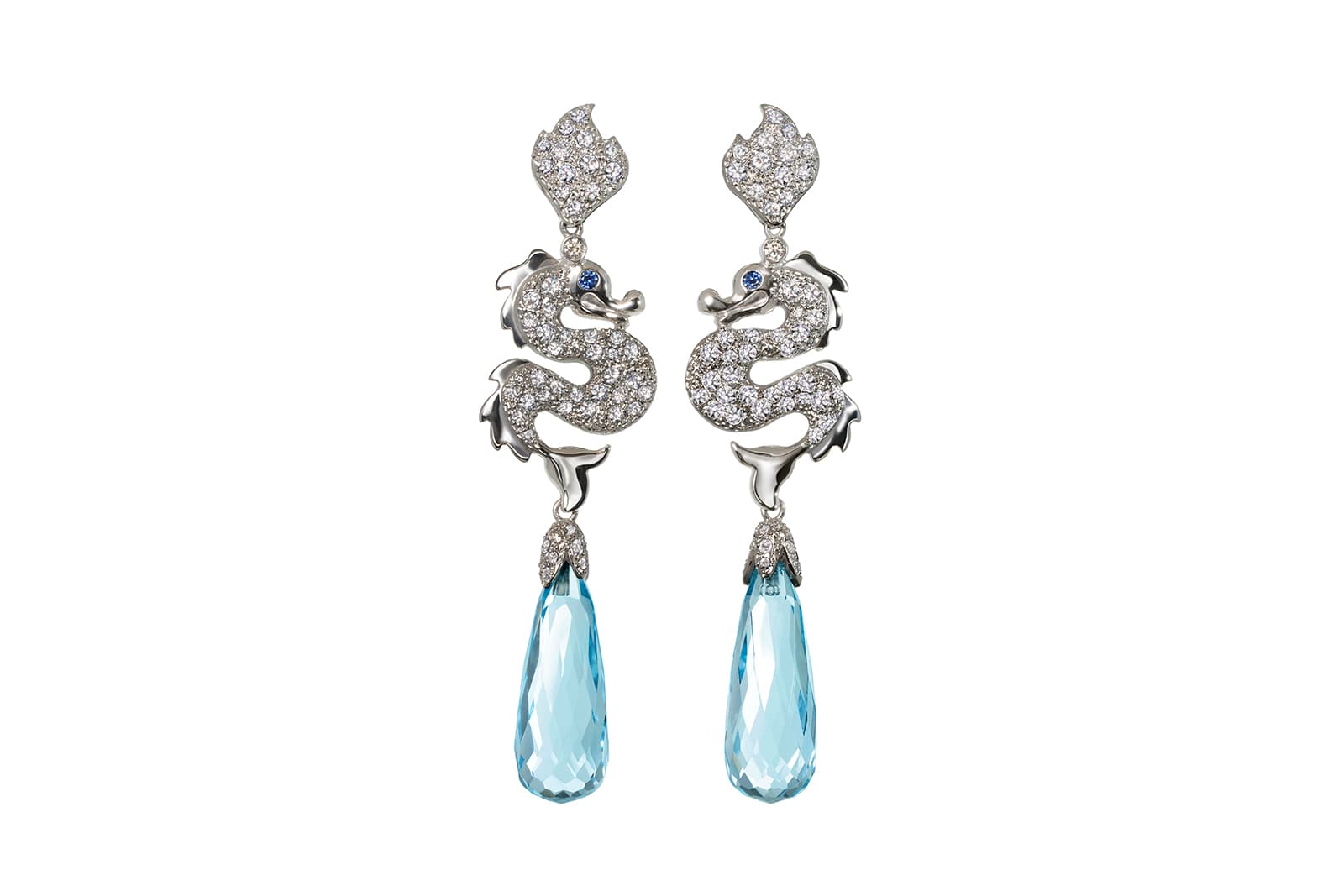  Vanessa Martinelli Dragon Kiss diamond and aquamarine earrings in 18 carat white gold
