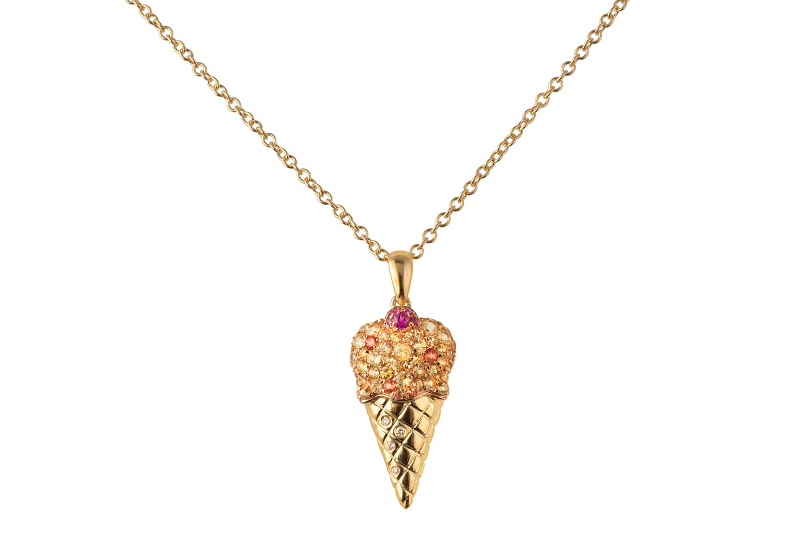  Vanessa Martinelli Gelato pendant in 18 carat yellow gold, set with yellow and orange sapphires, rubies and white diamonds