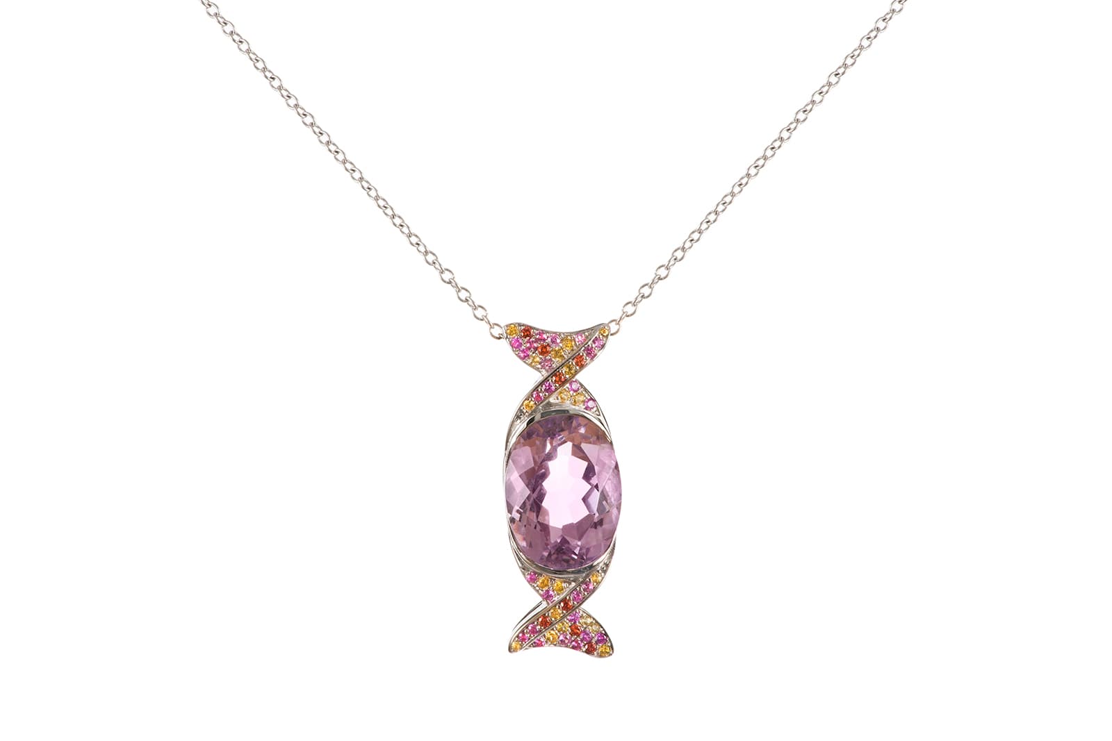  Vanessa Martinelli Caramella pink amethyst pendant with multi-coloured sapphires and tsavorites in 18 carat rose gold