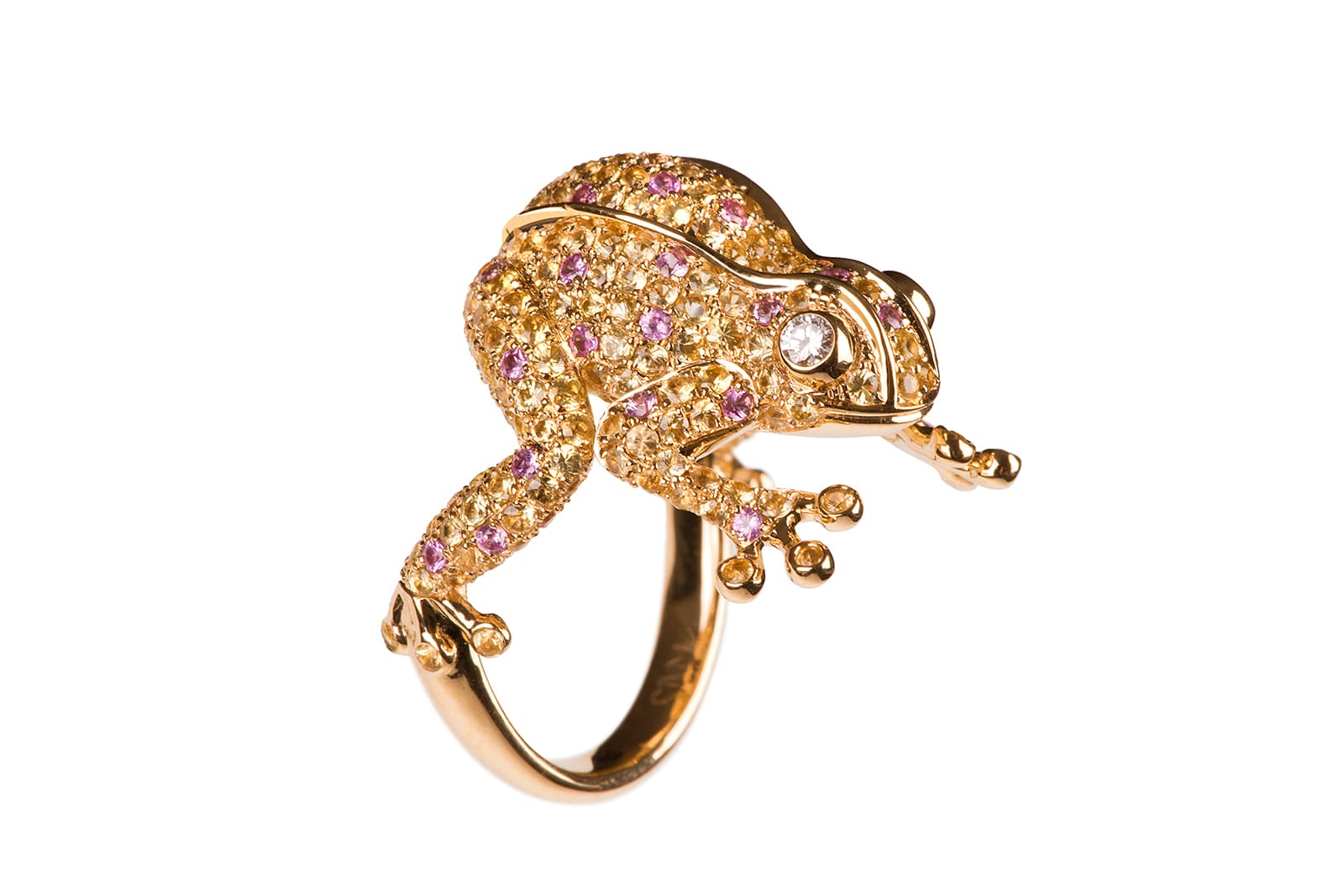 Vanessa Martinelli frog ring with yellow and pink sapphires, and diamonds in 18 carat yellow gold