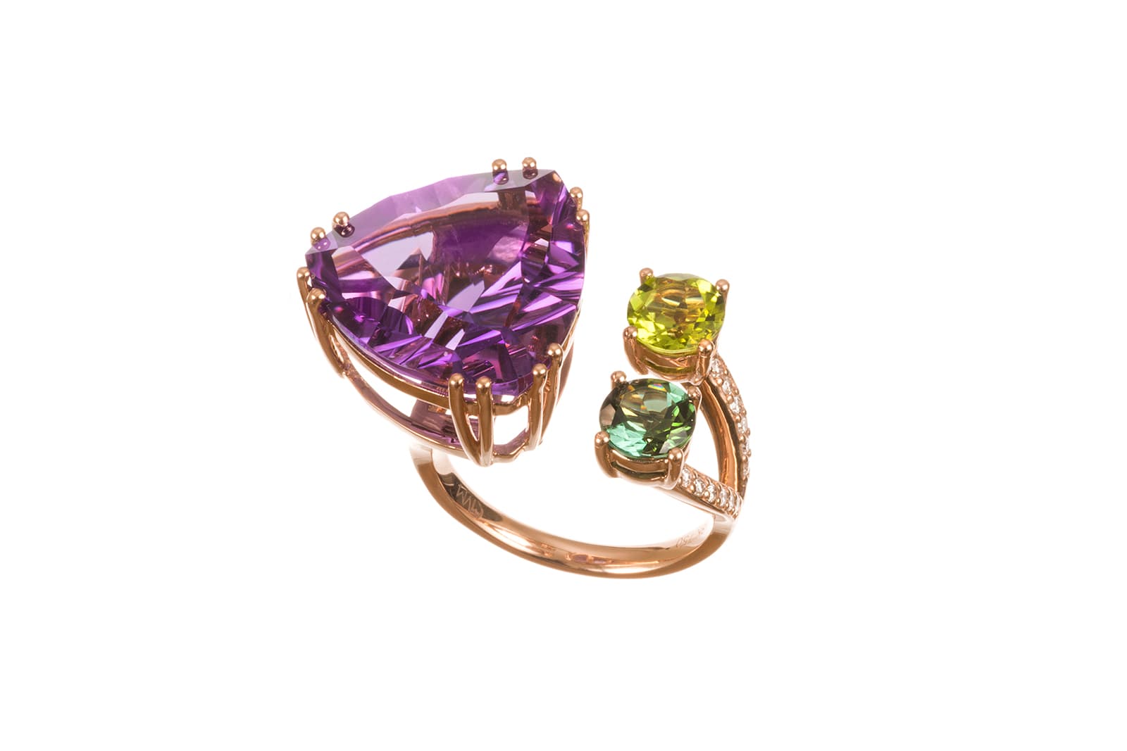  Vanessa Martinelli amethyst, yellow and green sapphire ring in 18 carat rose gold
