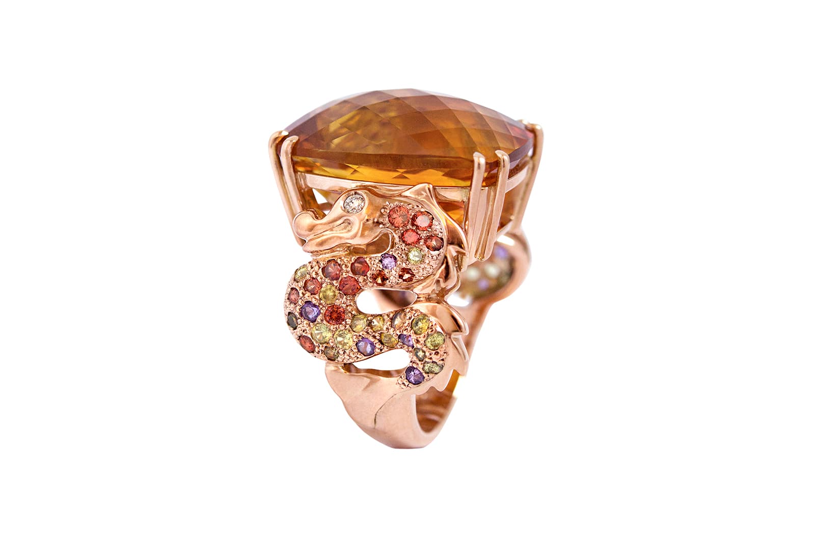  Vanessa Martinelli Dragon Kiss citrine ring with multi-coloured sapphires in 18 carat rose gold