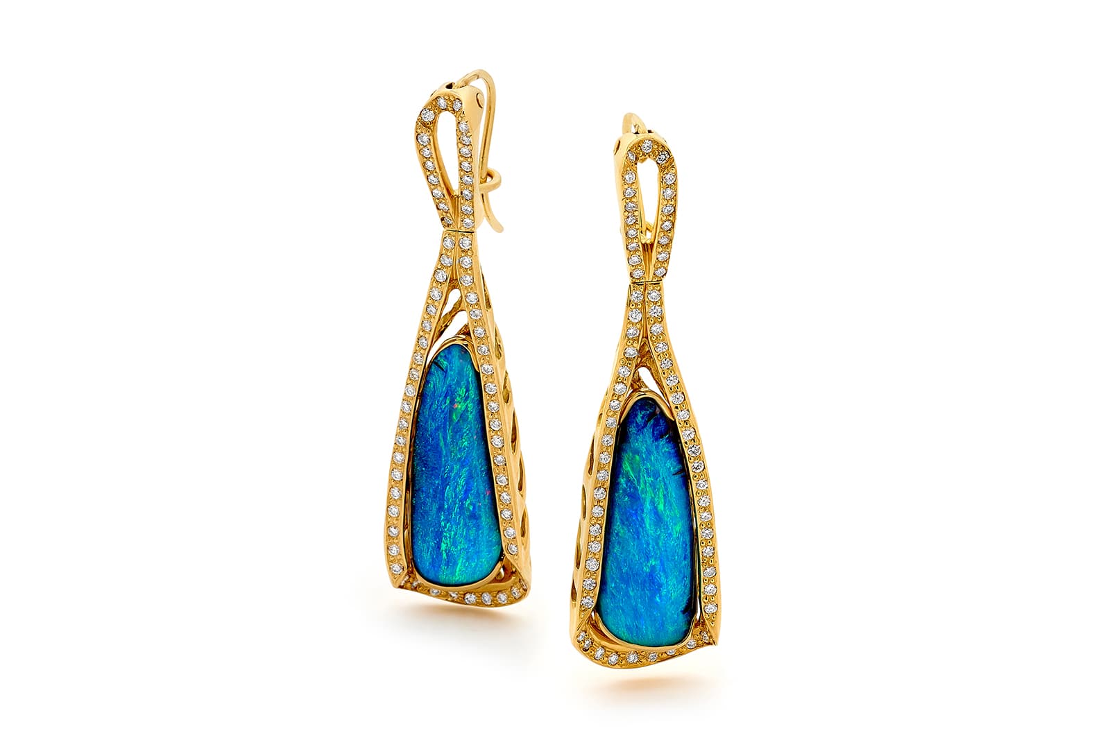  Opal Minded Blue Symphony earrings, set with 14.30 carats of royal boulder opals and diamonds in 18 carat yellow gold