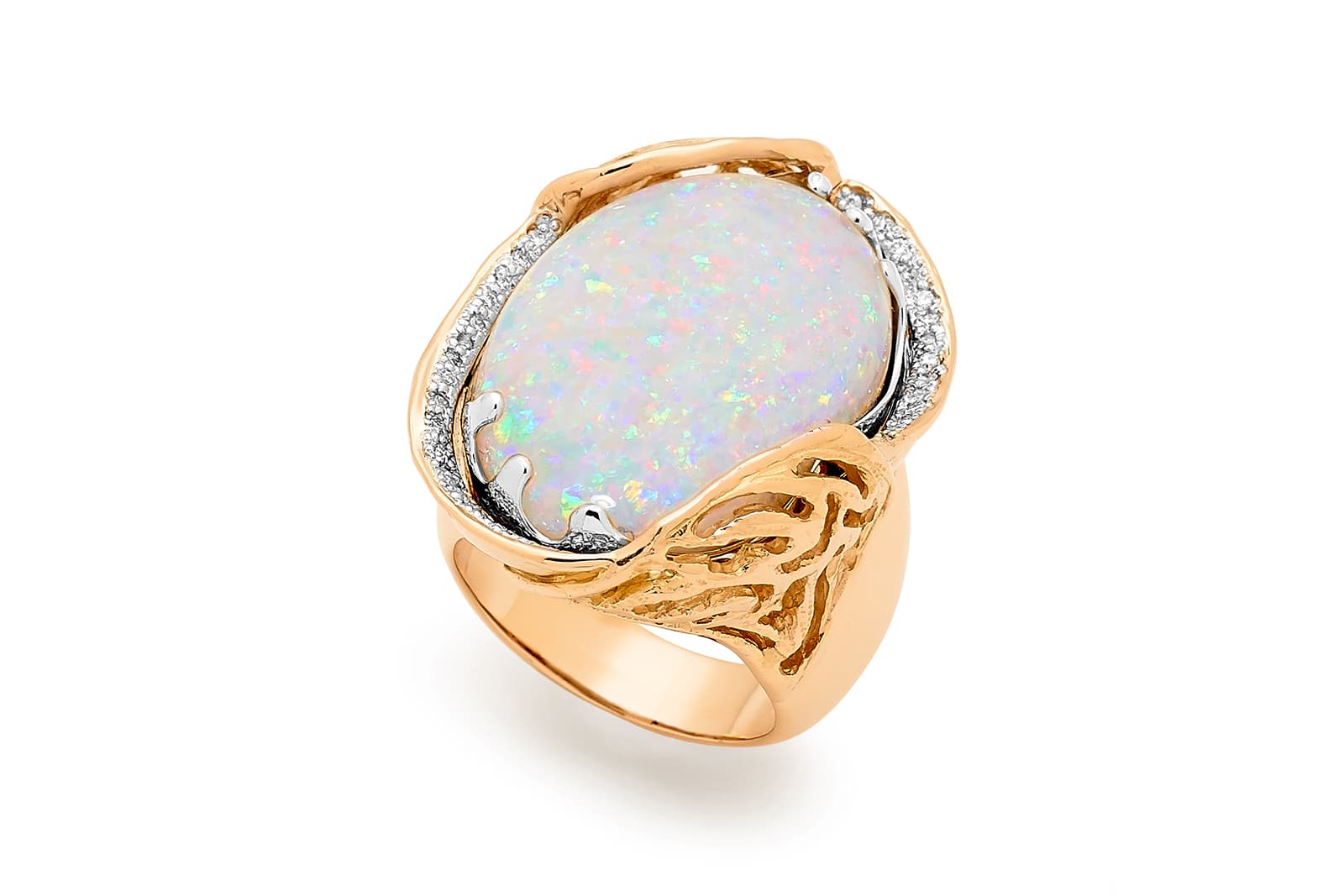 The Love in White ring features a precious 27.56 carat Boulder opal mined by Opal Minded in Jundah