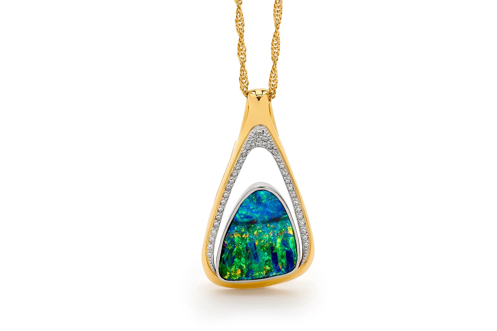  The 9.12 carat Boulder opal is suspended in 18 carat yellow gold, accentuated with diamond accents