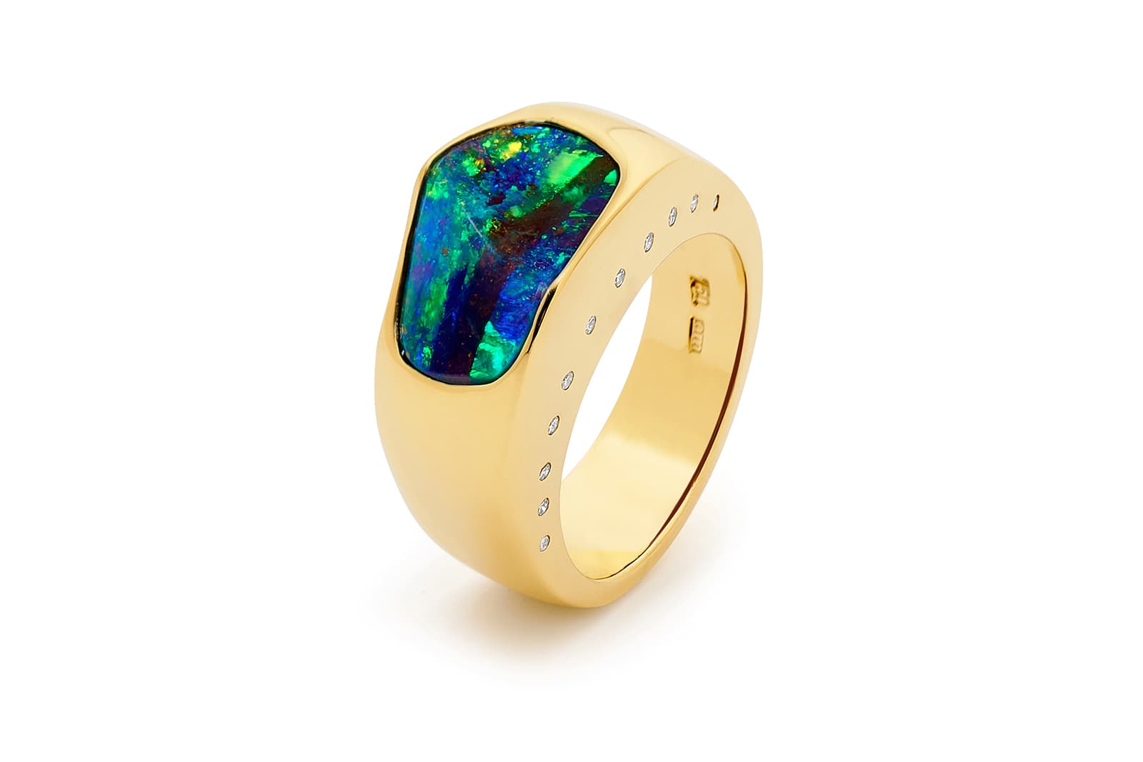  The Newton's Attraction ring features a stunning 5.37 carat opal with a fascinating play of colour within