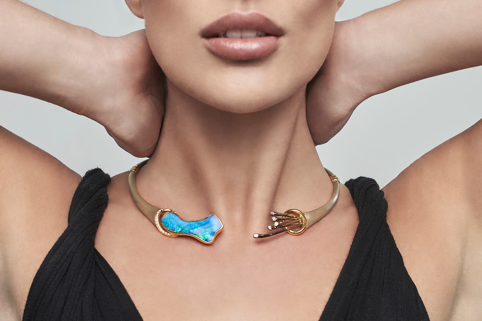 Serpent Azure Boulder opal choker by Opal Minded, inspired by coral reefs and creatures of the night