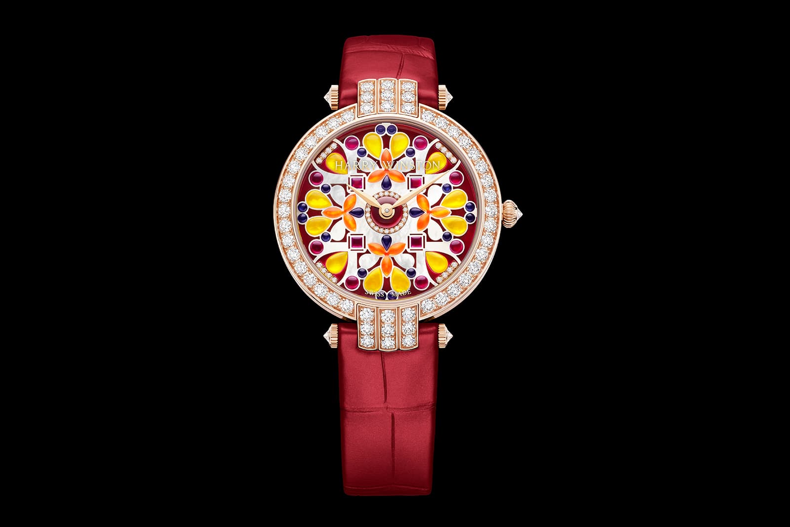 Harry Winston Premier Kaleidoscope automatic watch with red, blue, magenta, orange and yellow mother-of-pearl accents
