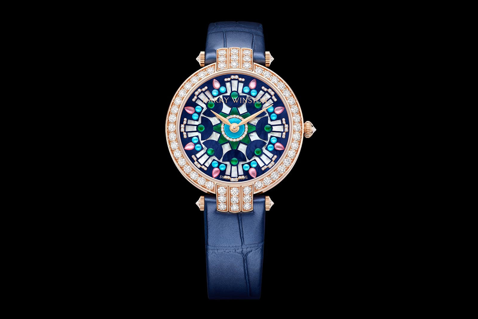  Harry Winston Premier Kaleidoscope automatic watch with blue, green and pink mother-of-pearl accents