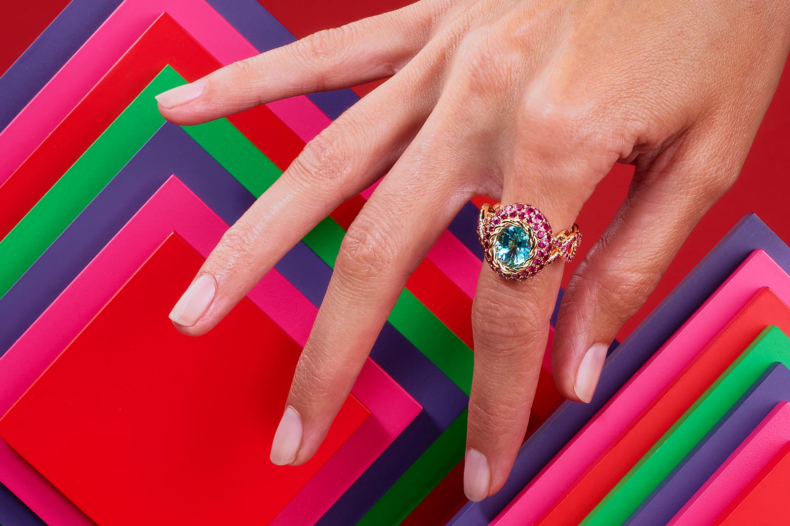 MELLERIO Color Queen Blue Angel cocktail ring, set with a 3.84 carat Paraiba tourmaline and rubies