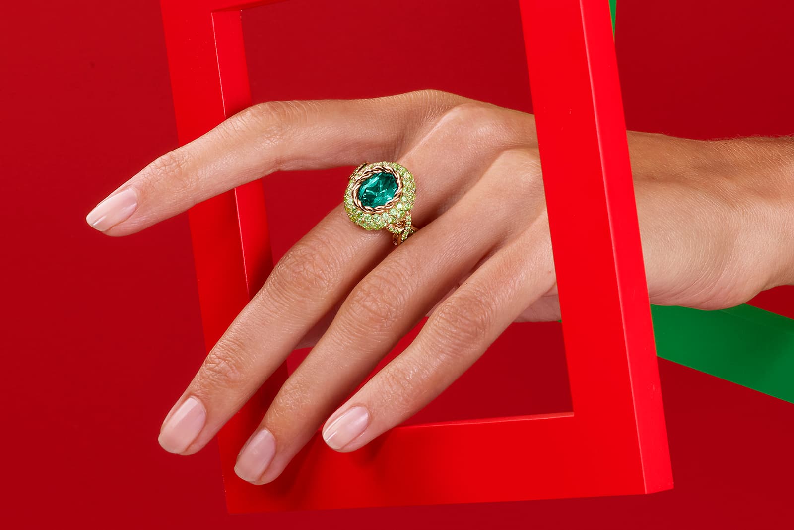  MELLERIO Color Queen Green Light cocktail ring,  set with a 4.67 carat indicolite tourmaline and mint garnets