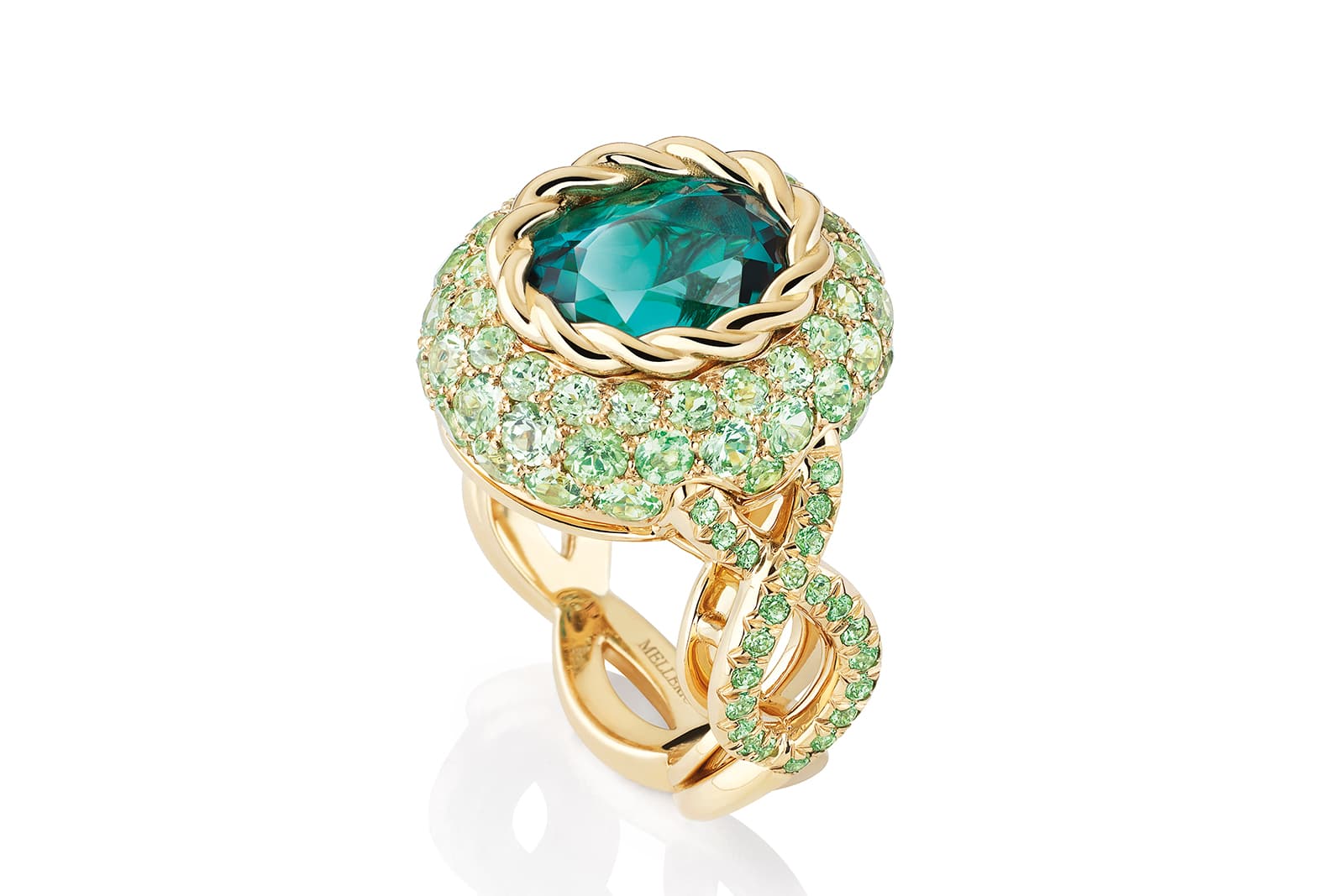  A stunning indicolite tourmaline weighing more than 4.50 carats steals the show in the Green Light ring