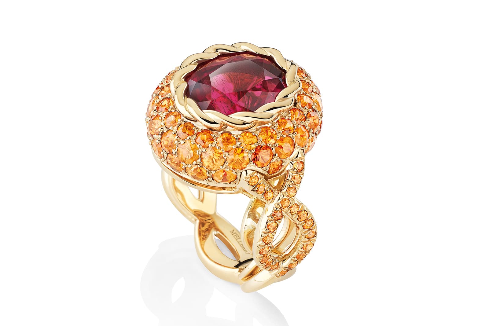  Lady in Red contrasts a rich 5.74 carat rubellite with spessartite garnets