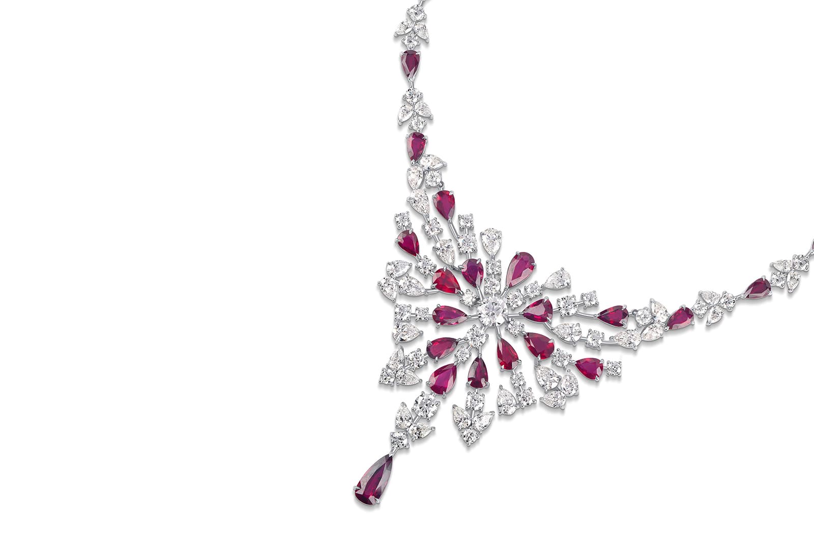  The HARAKH necklace is studded with GIA certified diamonds and 21 natural rare Pigeon's Blood rubies