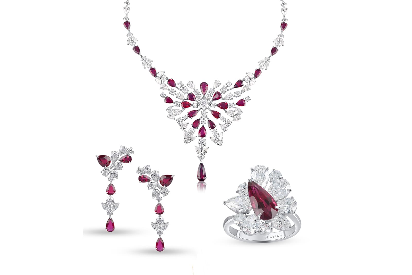 Another recent HARAKH creation: a high jewellery suite set with certified natural Pigeon's Blood rubies