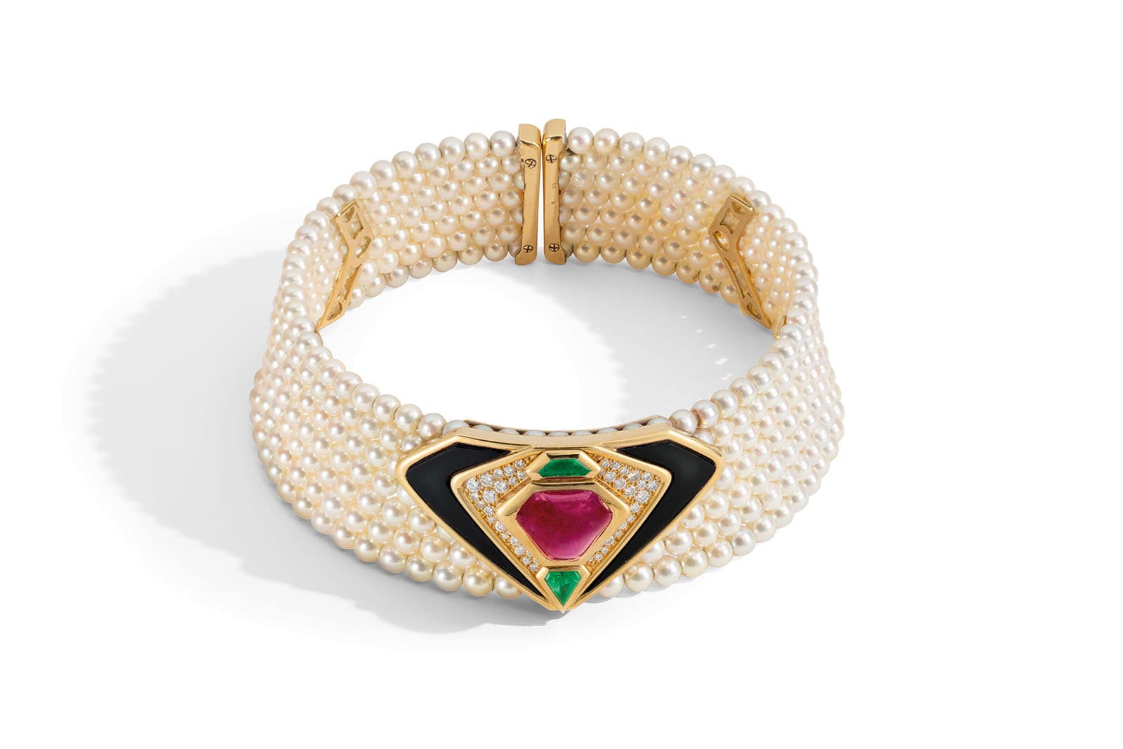  This Marina B cultured pearl and multi-gem choker also formed part of Christie's Magnificent Jewels auction