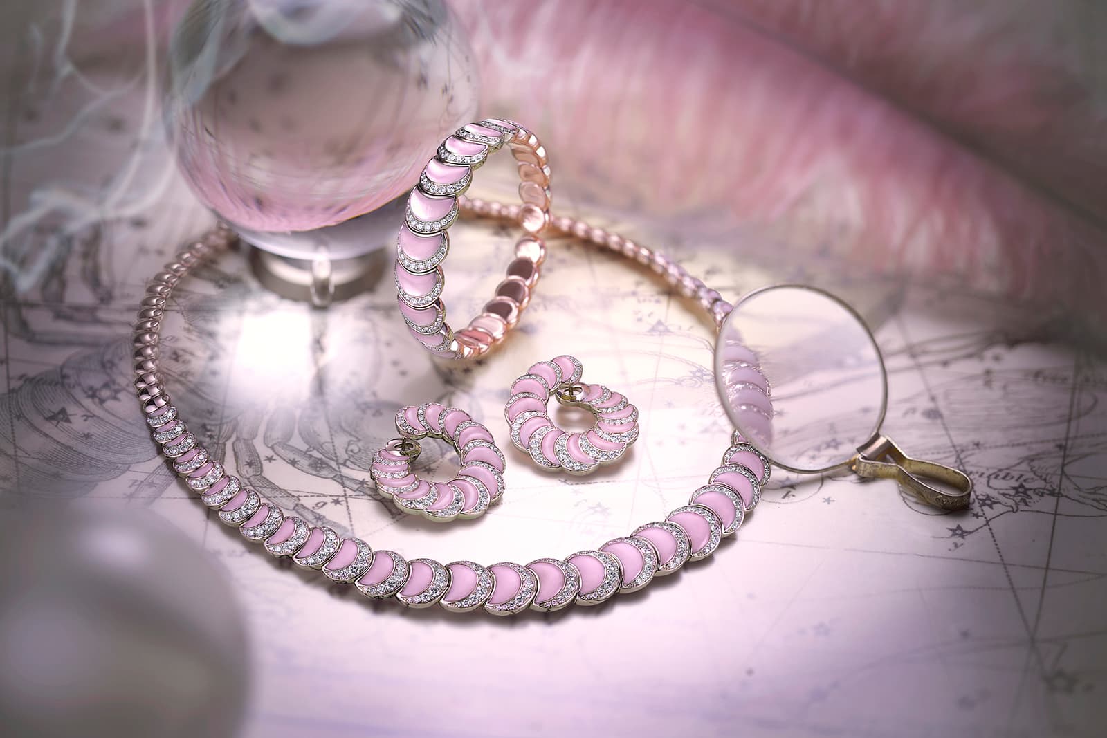 David Morris Fortuna Flexi-Bangle, Creole Hoop earrings and Graduation necklace with pink opal