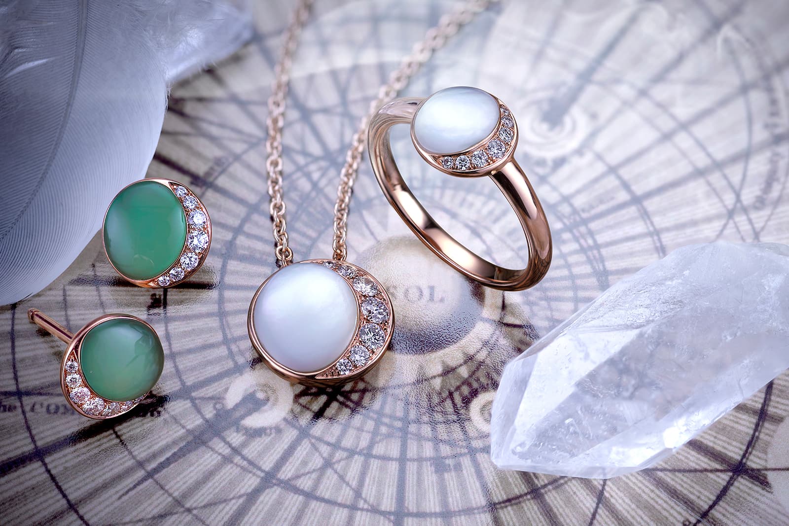  David Morris Fortuna stud earrings with chrysoprase and Fortuna pendant and ring with mother of pearl