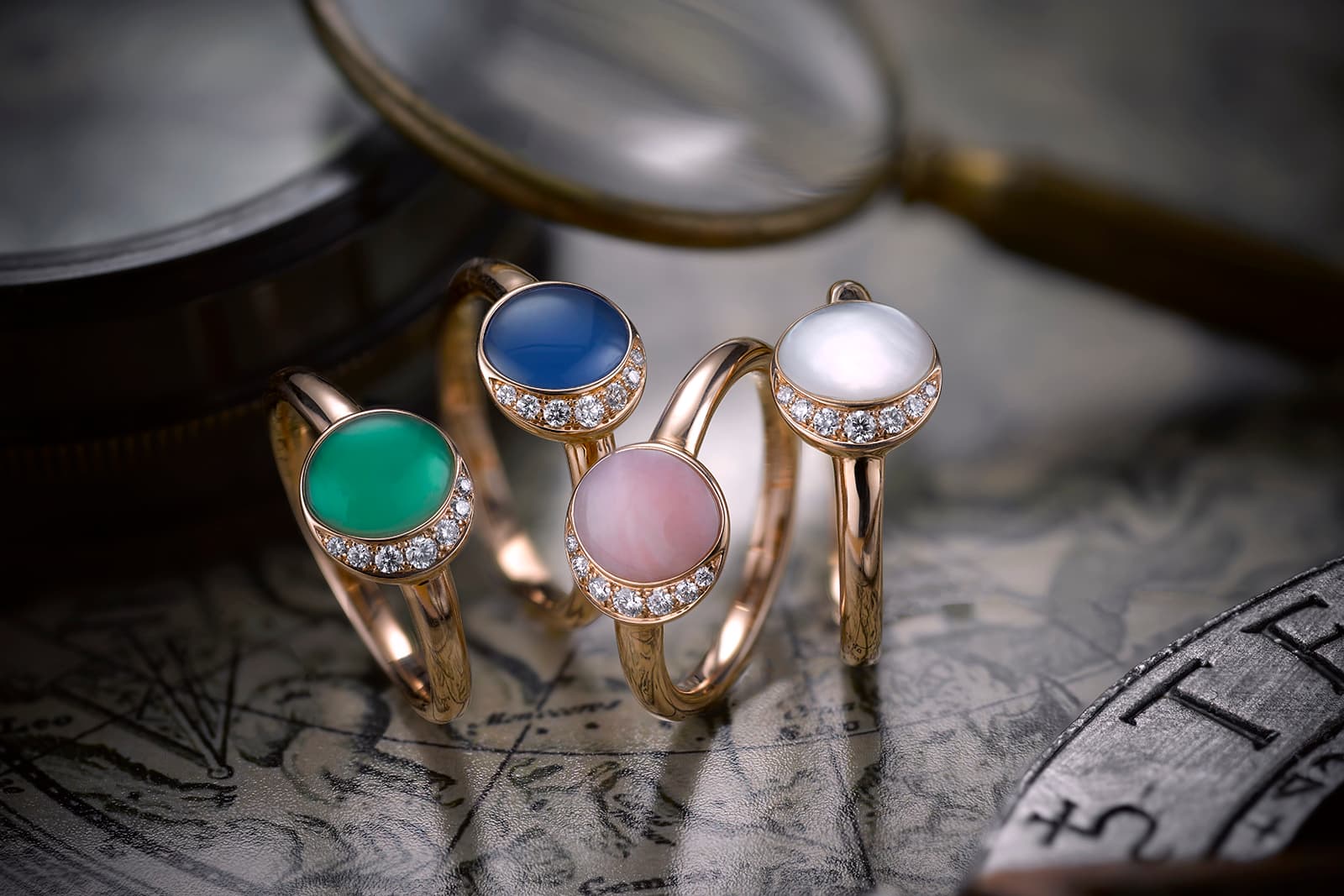  David Morris Fortuna rings with chrysoprase, blue agate, pink opal and mother of pearl