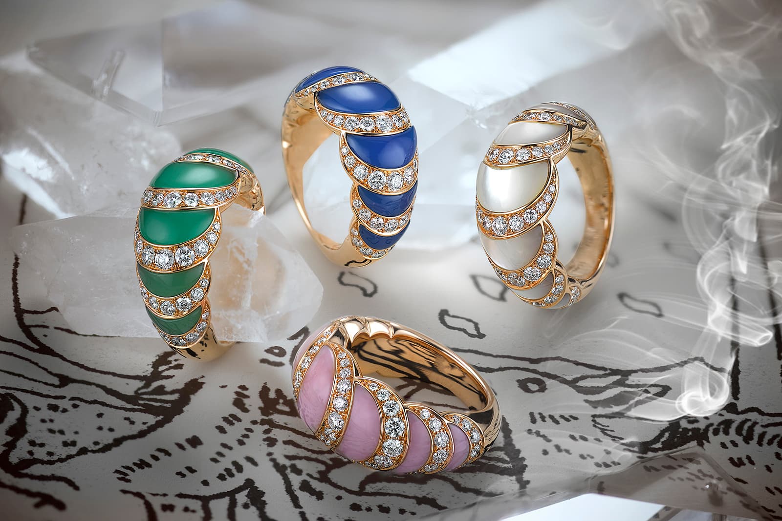 David Morris Fortuna eternity rings with chrysoprase, blue agate, pink opal and mother of pearl with diamonds