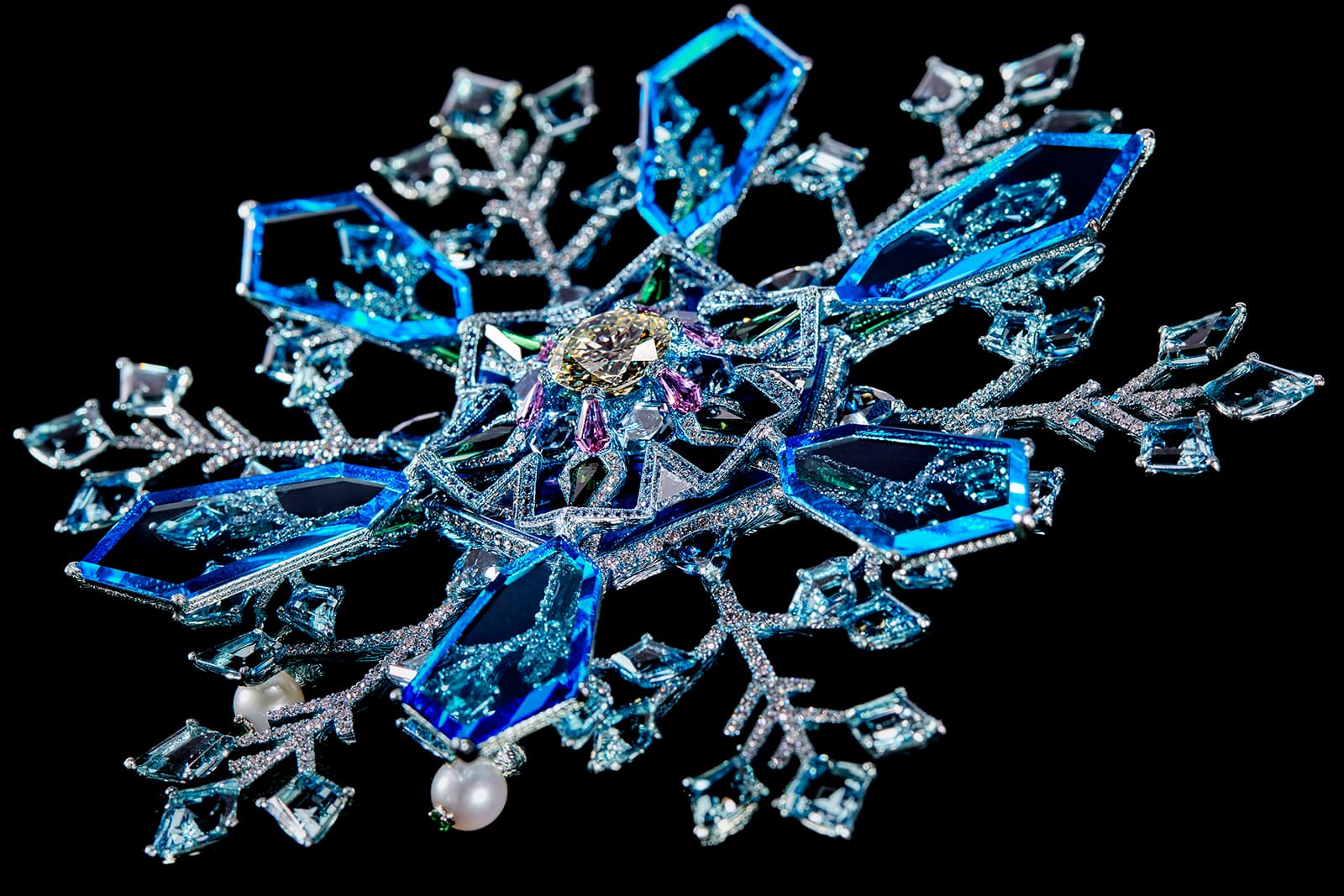  The Wallace Chan Snowflake brooch crafted in coloured titanium with Wallace Chan Porcelain, aquamarine, topaz, sapphires and tourmaline