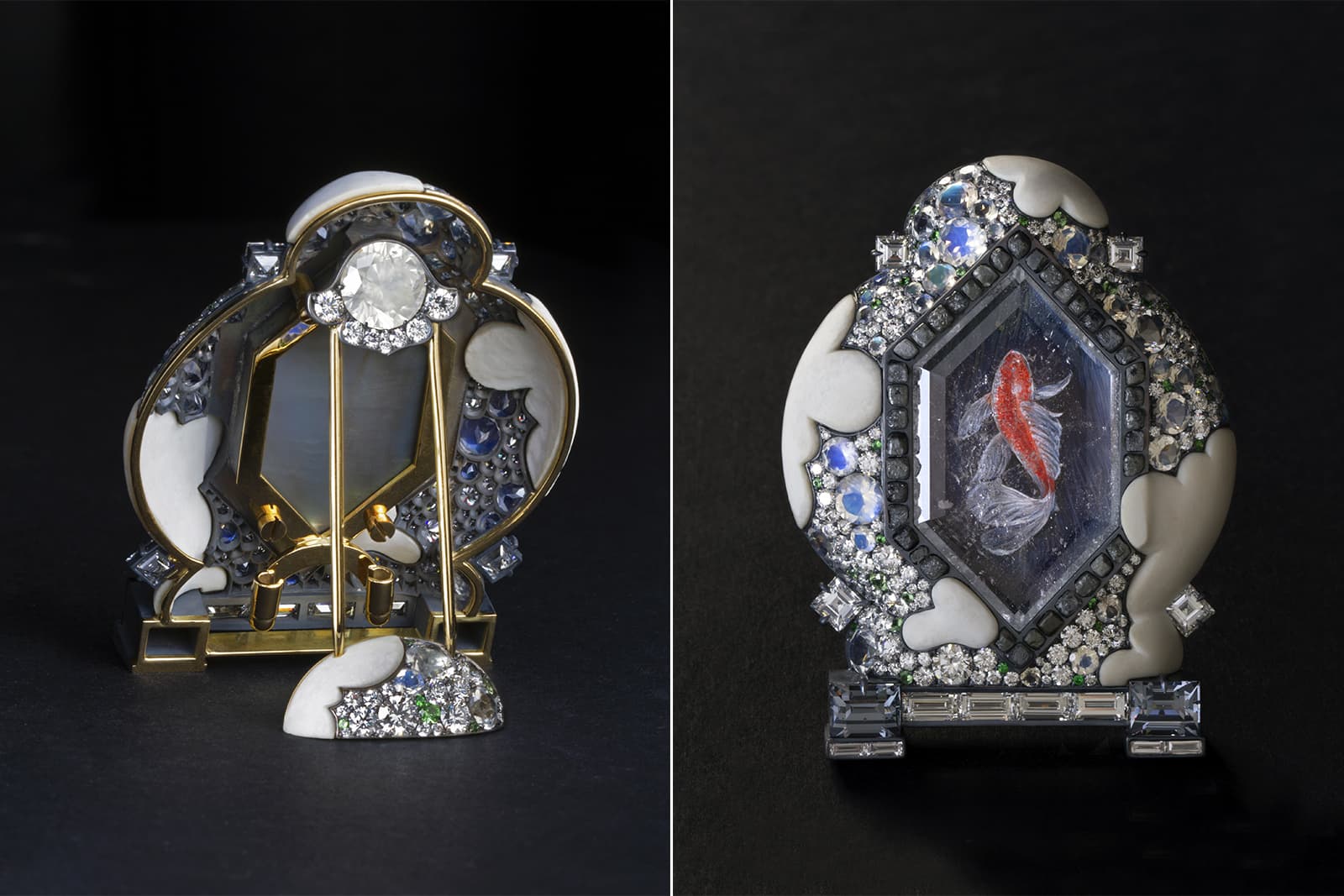  The Winter Koi Pond brooch by David Michael is decorated with gems both front and back