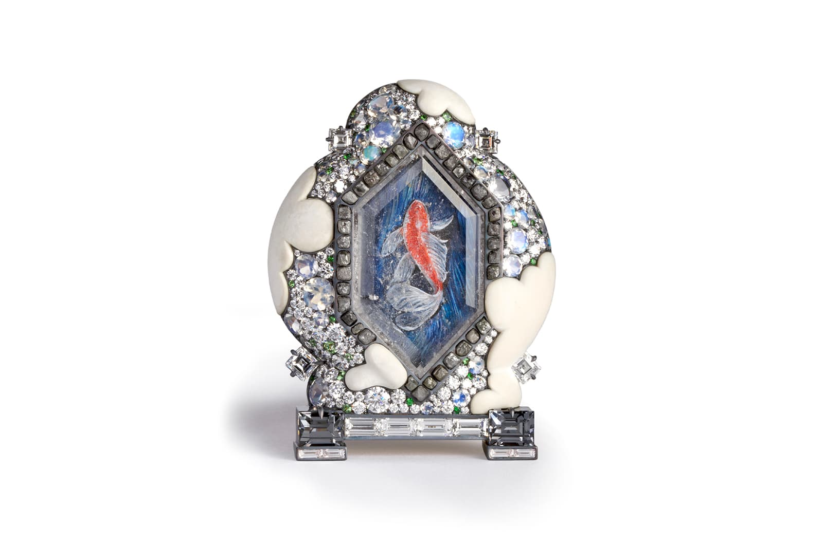  David Michael Winter Koi Pond brooch with a hand-painted koi carp beneath a 'frozen' surface of rock crystal