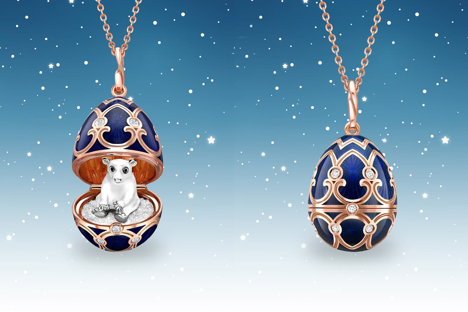 Fabergé Polar Bear Surprise locket in rose gold with blue guilloché enamel