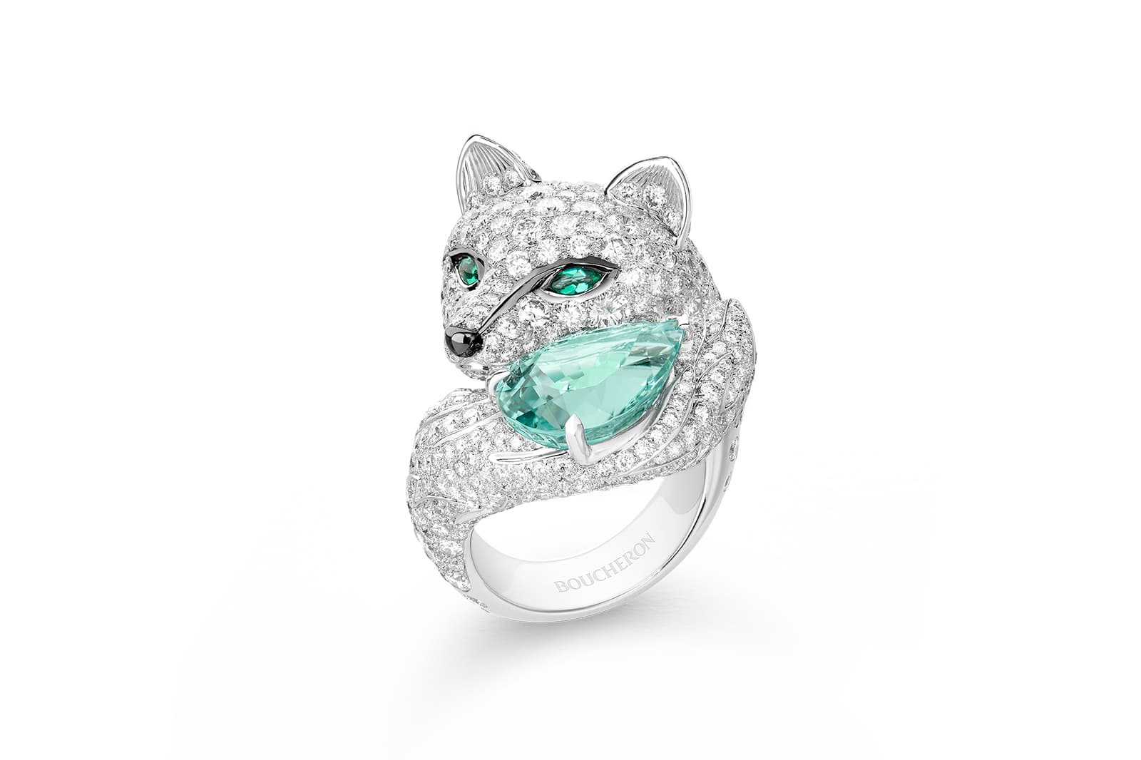  Boucheron Foxy La Renarde ring set with a 7.28 carat green pear tourmaline, emeralds and diamonds