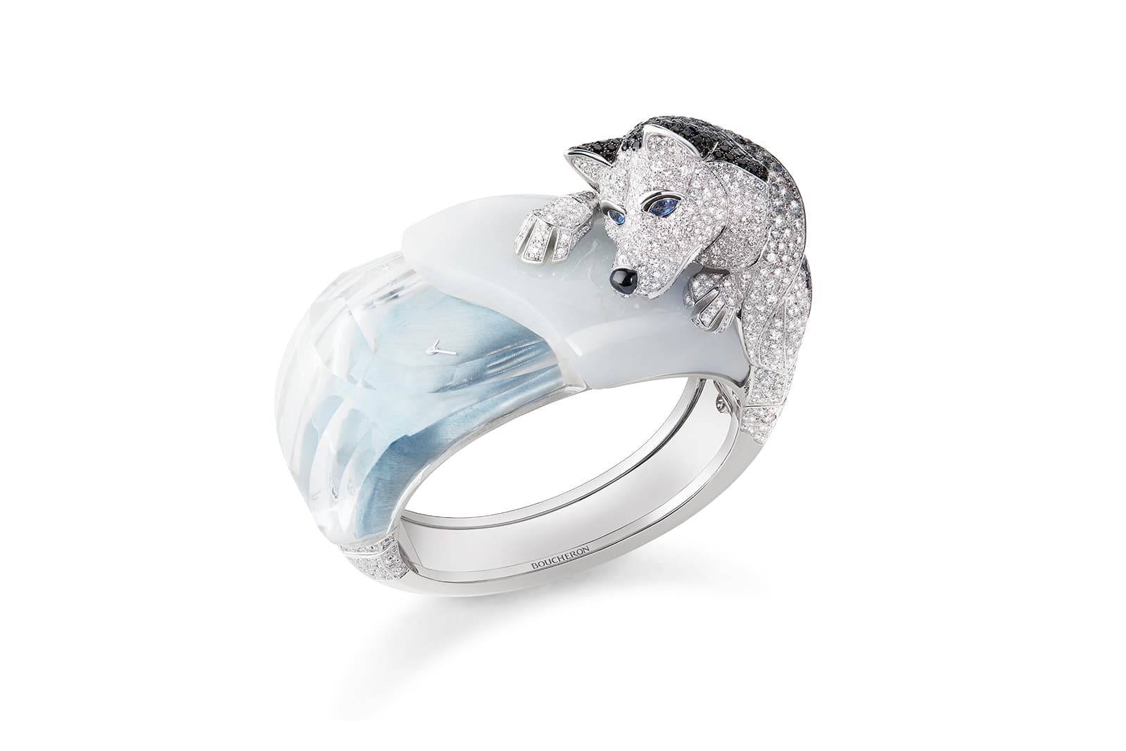  Boucheron  Laïka Le Husky timepiece in white gold with diamonds, sapphires, spinels, rock crystal and jade