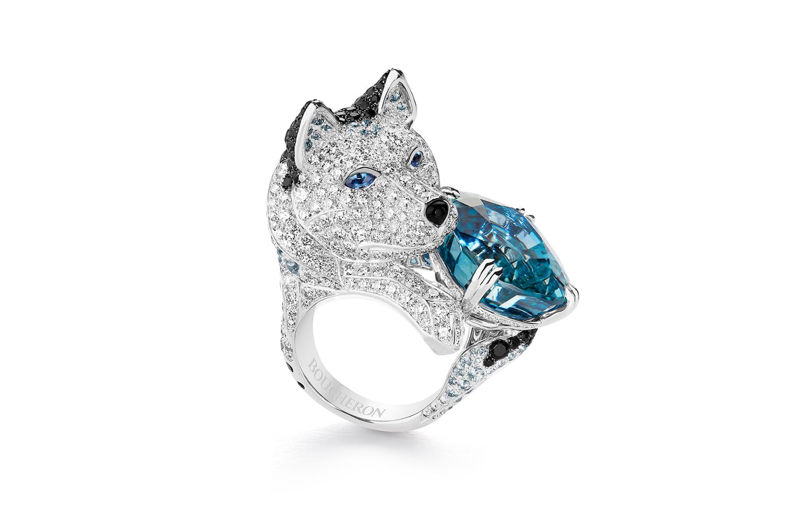  Boucheron  Laïka Le Husky ring  with a 31.21 carat Burmese light greyish-blue antique cushion sapphire, grey spinels, sapphires and diamonds