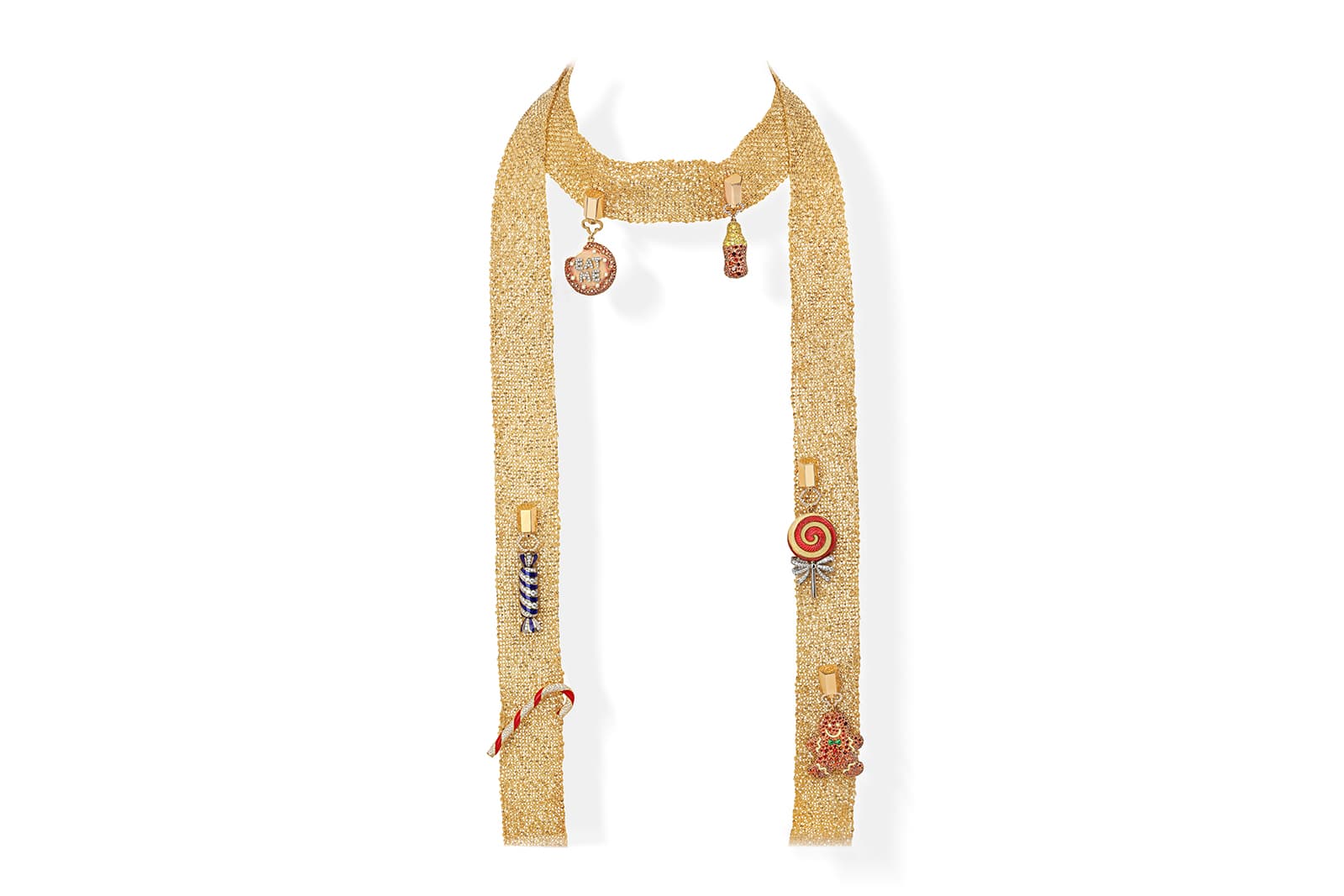  Liza Borzaya's Sweets charms can be worn on a flexible gold mesh-like necklace 