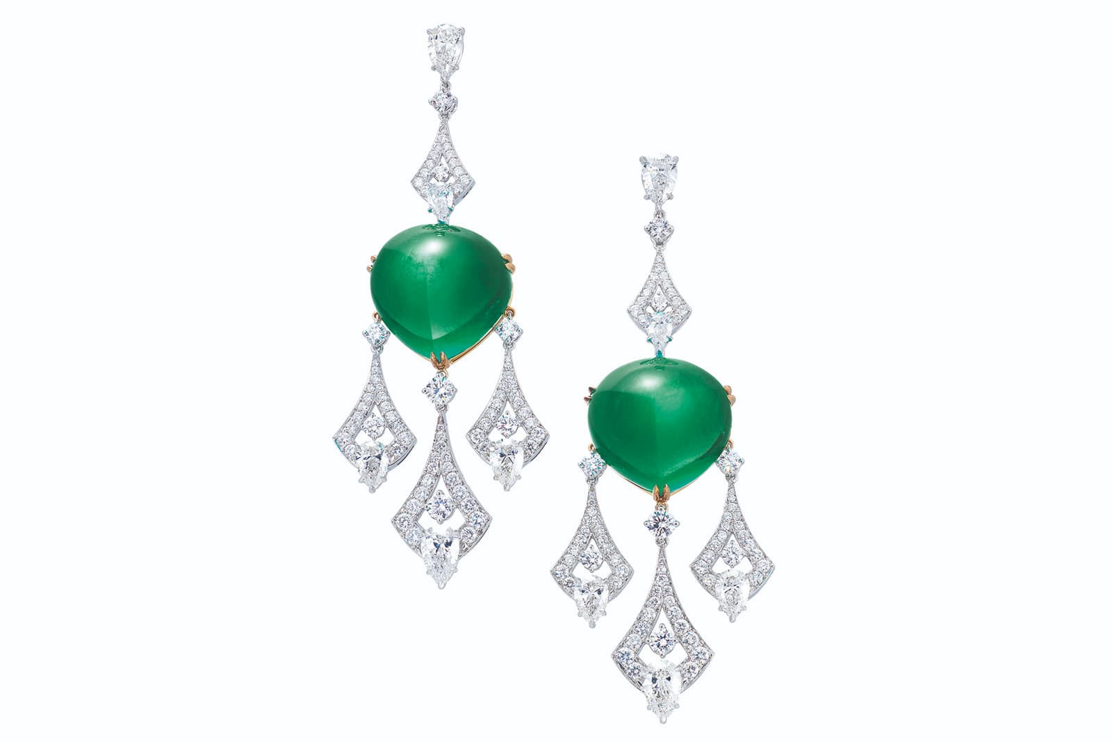  Ronald Abram cabochon Colombian emerald and diamond earrings of 71.06 carats