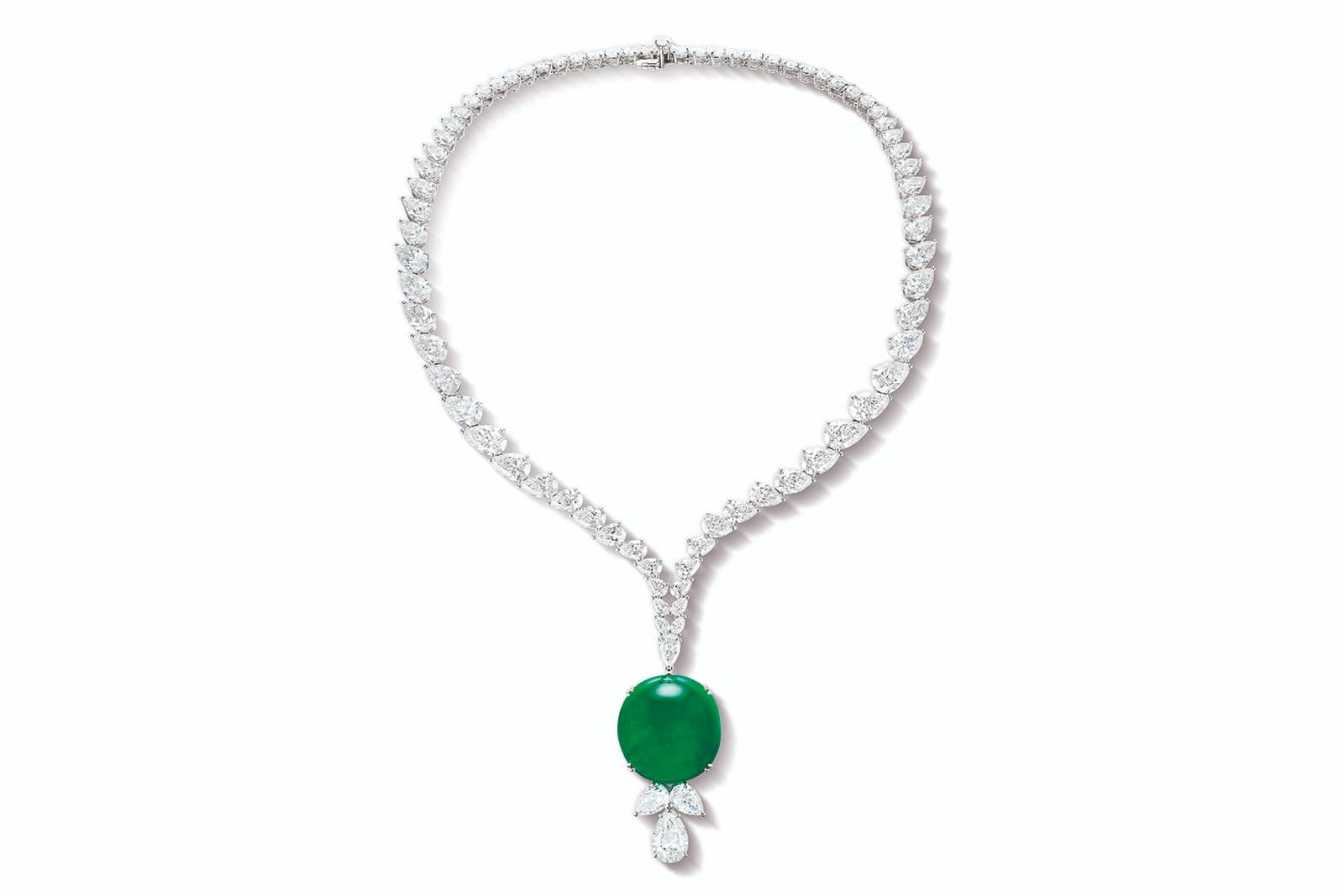 Ronald Abram pear-shaped diamond necklace featuring a 64.18 carat cabochon Colombian emerald 