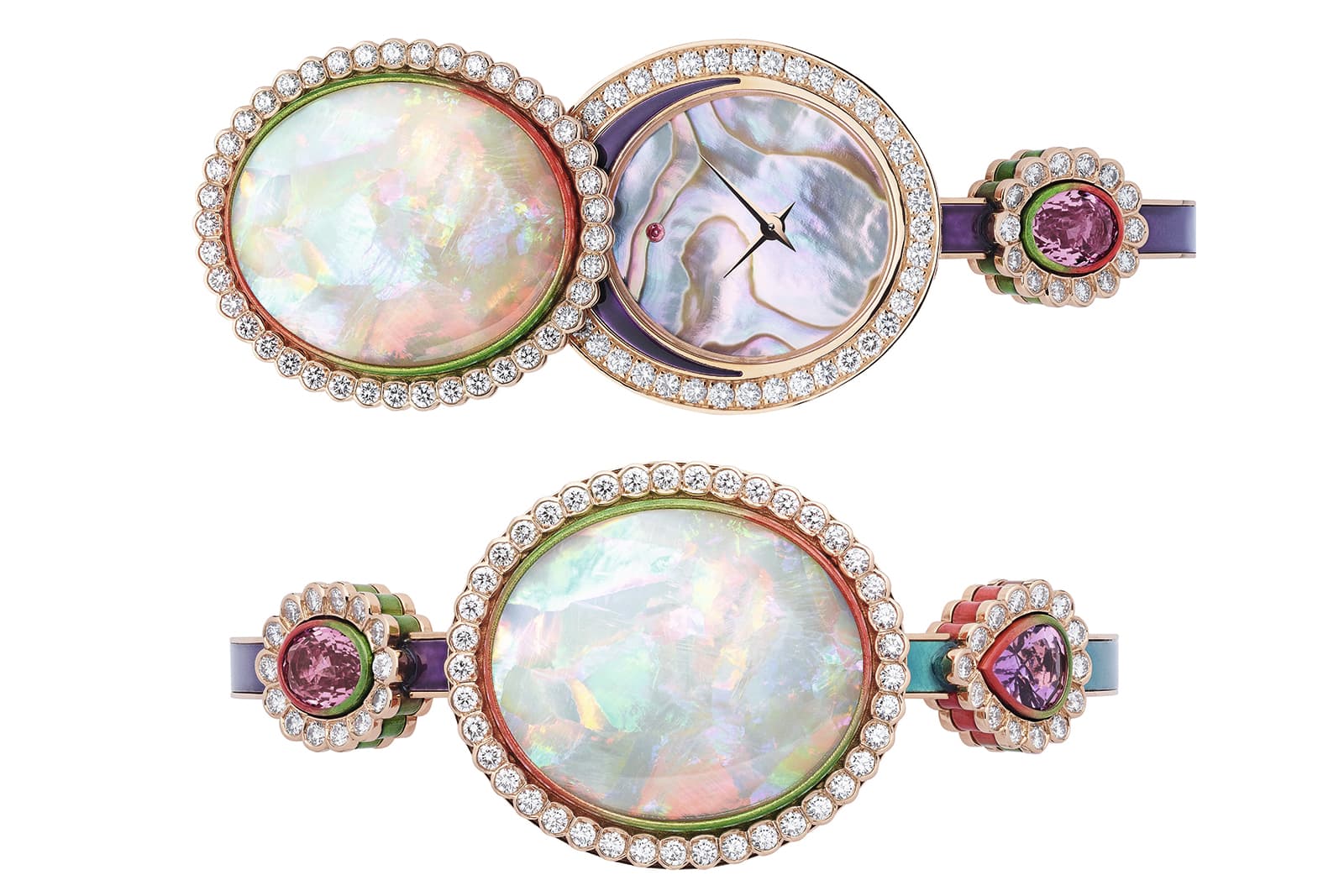 Dior 'Dior et Moi' Secret watch with white opal, sapphires, garnets, peridot, emerald and lacquer in white and pink gold