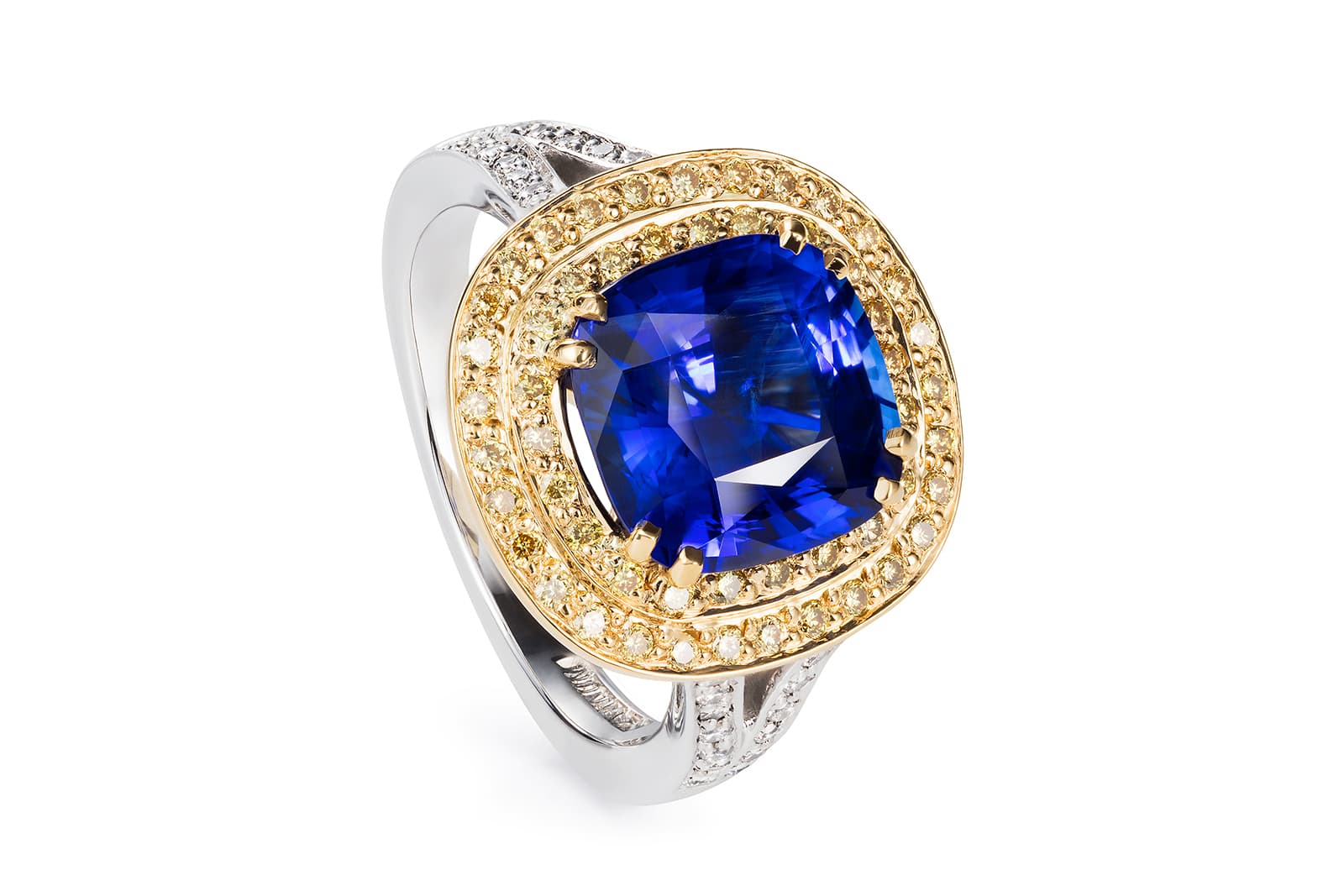  Thelma West Majorelle Essence ring with a 5.20 carat Kashmir sapphire, 100 fancy yellow diamonds and white diamonds 