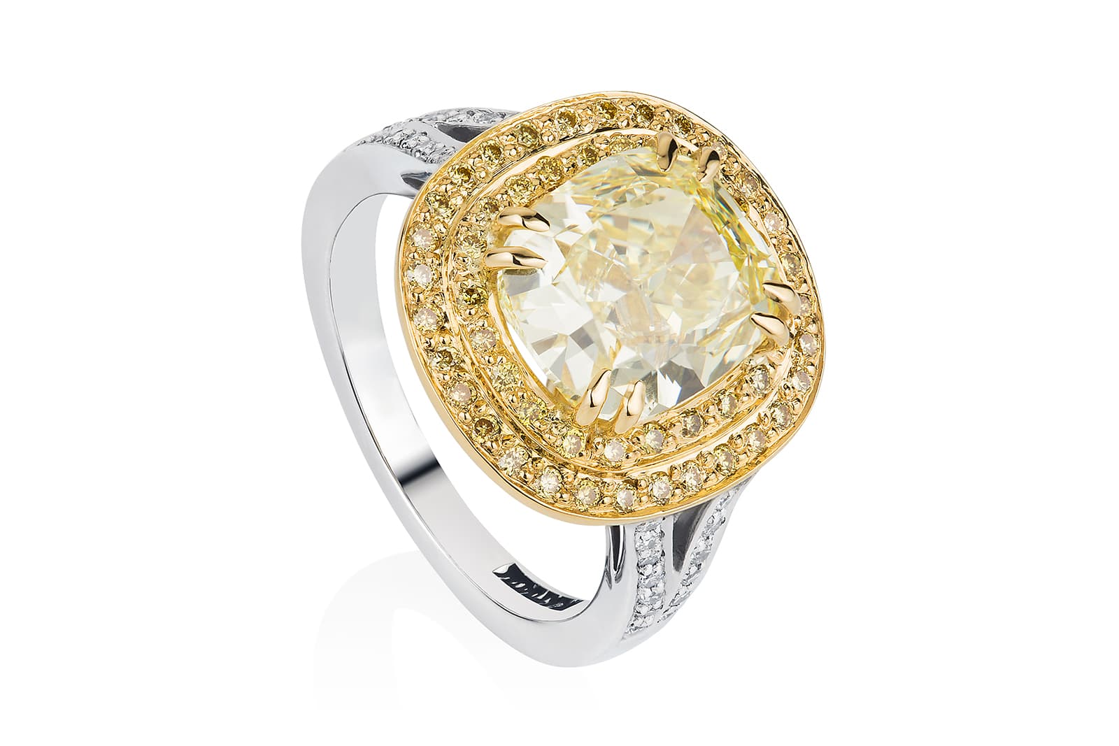  Thelma West Goldfinch cocktail ring with a 5.50 carat fancy intense yellow cushion cut diamond, surrounded by 2.50 carats of yellow and white diamonds 