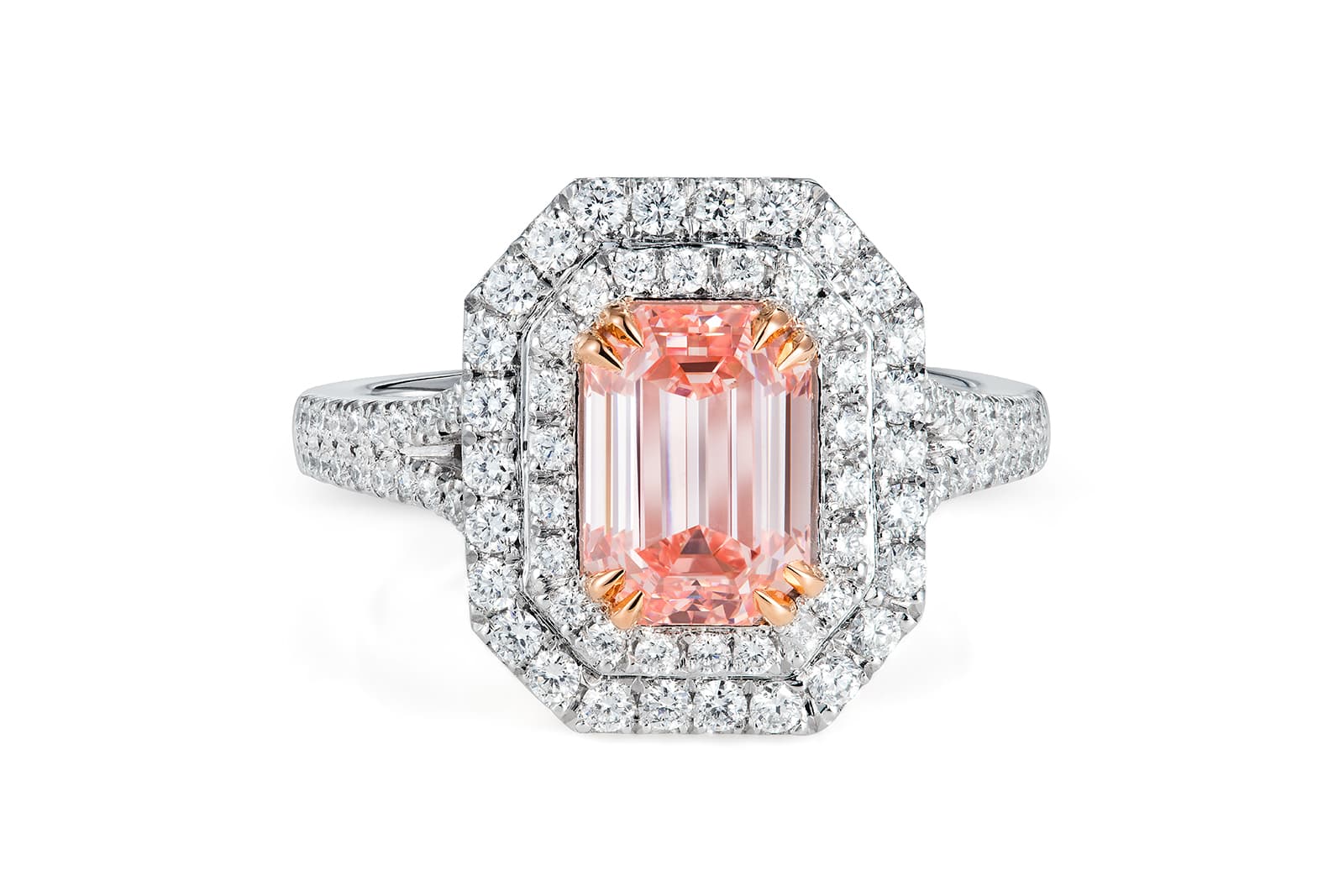 Thelma West Queen Peach ring with a 3.12 carat emerald cut fancy vivid pink diamond set in a platinum mount
